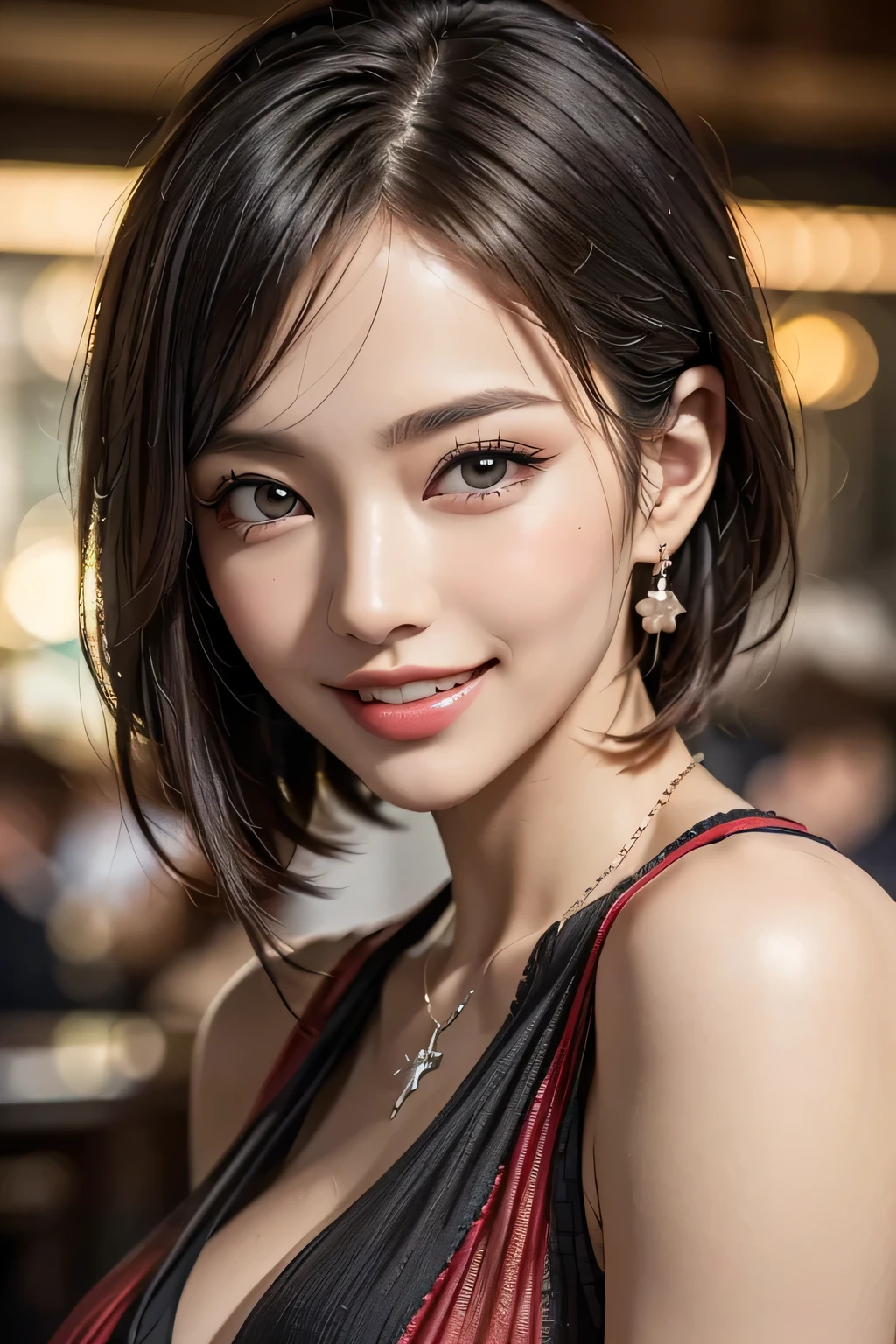 ((1. The ultimate beautiful Japanese woman)), mature, beautiful face, detailed lips, Beautiful Eye Details , double eyelids, long eyelashes、(grin), (( beautiful alignment of teeth)), ピクシーカット, elegant eyeshadow, (Big Breasts), (bust up), captivating makeup 、charming gesture, ((Intricately embellished red and black cocktail dress))、white skin, Glowing Skin, high image quality、High Resolution、((Depth))、( Color Difference)、necklaces、earring, A bracelet、sexy pose、((background: party venue)), RAW photo、フォトrealistic、(masterpiece)、realistic、Masseter Muscle Area, best quality, hyper details,(detailed eyes and face) charm:natural makeup,Alone, mature Woman, (((cowboy shot)))