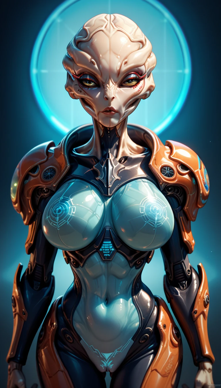 Advanced Extraterrestrial Entity , Alien Being, ((Non-Human)), Female Maitre Alien, seductive alien with big breasts, ((face detail focus, breast focus, crotch focus )), glowing colorful skin, ((Futuristic Holographic Armor)), ((detail focus)), Seductive Alien technology
