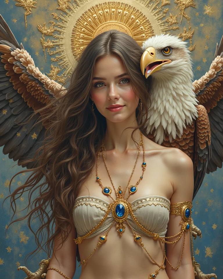 photoillustration of double exposure of merged, a lady, a soaring-eagle (transparency effect of a soaring-eagle images fit on her chest), seamless mix, texture and pattern, transparency effect, iconic stance, dramatic shadows, dramatic lights, interlacing elements, fit-image on her chest, side view, fantasy art, digital manipulated photo art