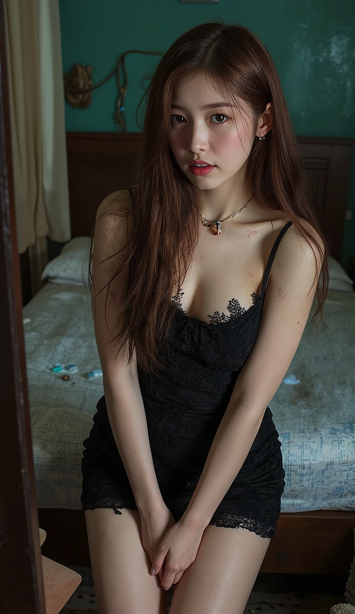NSFW,
Full-body photo,
A beautiful prostitute doing sex work,
She was the youngest member of the former idol group "Oh My Girl",
Her name is "Arin",
She has fallen into cheap prostitution,
She is wearing a mini dress from her idol days, but it is worn out and dirty,
Her mini dress is worn out and torn in places and looks shabby,
She is very vulgar,
She has many STDs and has many ugly warts and rashes on her skin,
Her STDs are severe,
She is a drug addict and has injection scars on her arms that have turned into warts,
Her clients are poor people such as beggars and homeless people,
She is having sex with multiple male clients at the same time in a dirty room in a rundown hotel in the slums,
Dirty bed,
Dirty and cloudy mirror,
The room is dimly lit,
There are pills,