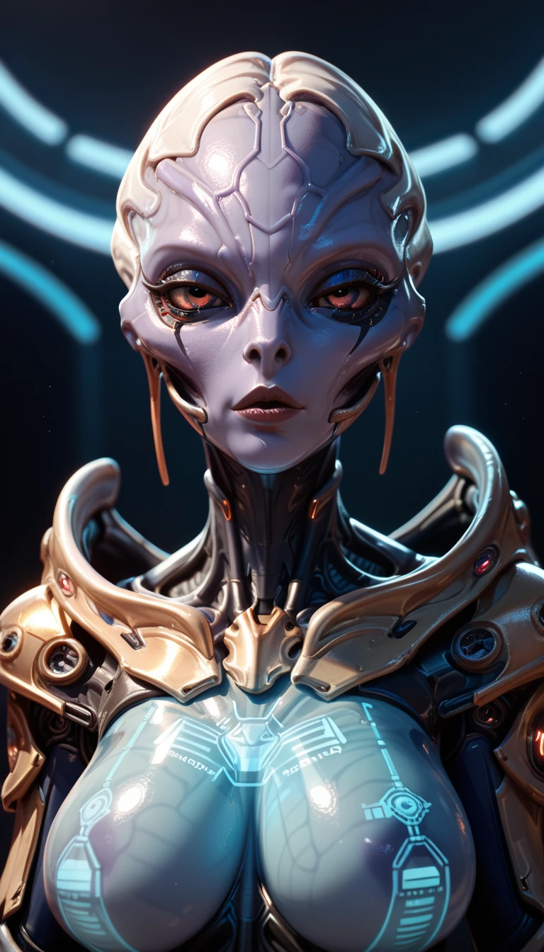 An alien in biological armor(femele),Inside the spaceship,glass window,Character side face,starrysky, hyper HD, Anatomically correct, Super detail, Textured skin, High details, Best quality, 1080p, 16k, A high resolution