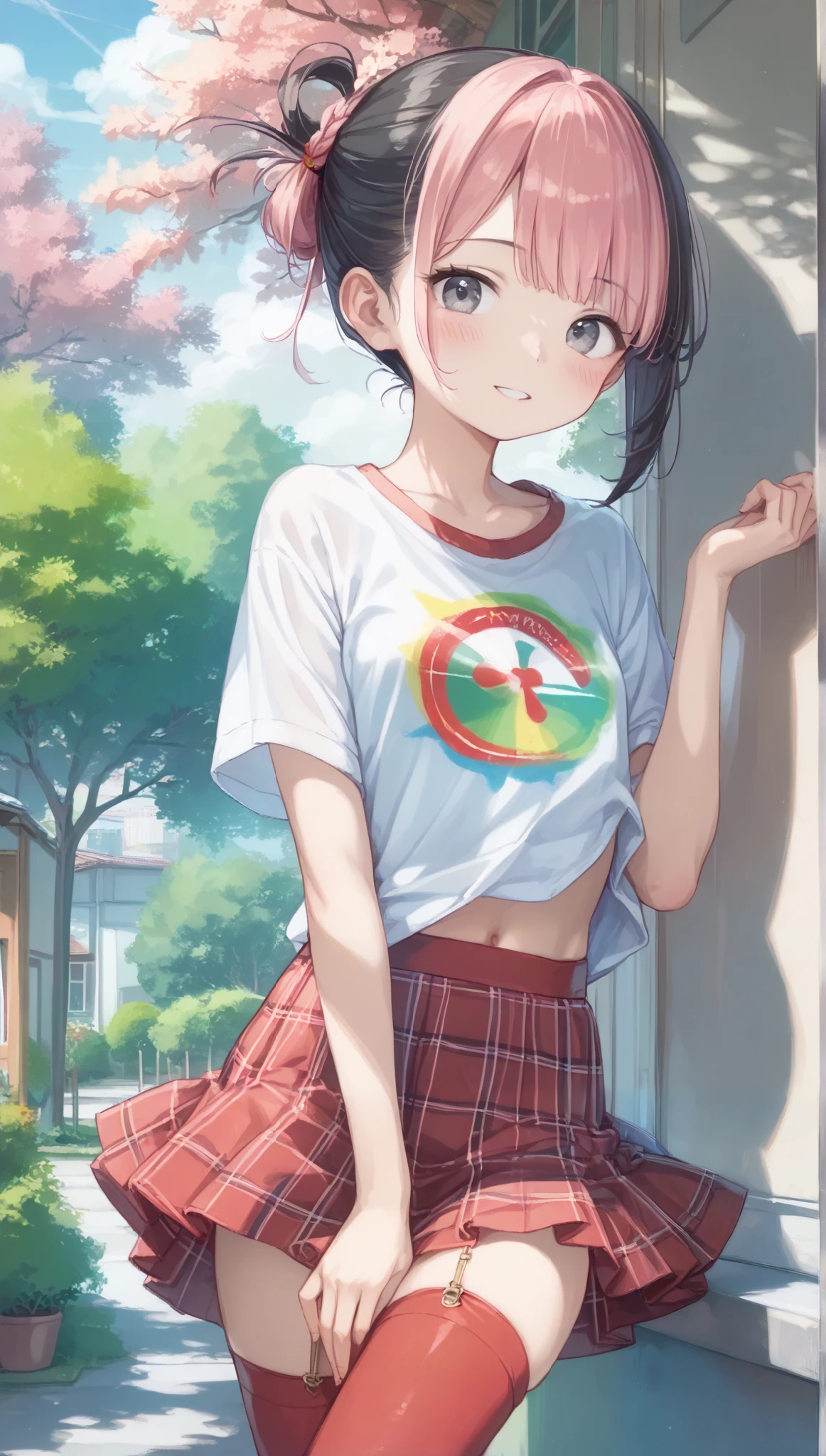 high quality、masterpiece、realistic、perfect anatomy:1.7, cute女の子、超cute、cute、gray eyes、short bob、mushroom cut、(((black hair:1.25、Gradation of pink hair tips:1.37、The tips of the hair change pink with gradation)))、white t-shirt、T-shirt with a picture of a mushroom、(((Erectile Head:1.37))), (Gingham Check Culotte Skirt:1.37),red stockings、red garter belt、belly button,blank,Black Light