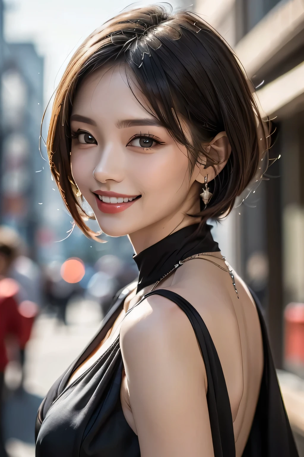 ((masterpiece)), ((Highest quality)), ((Complex)), (Realistic), (Very detailed), (1 female), Middle age, Beautiful and detailed, (Beautiful Teeth), double eyelid, eyelash, Grin, Brunette Bob Hair, Brown eyes, (bikini), (background: none), backgroundぼかし, Perfect Eyes, Captivating eyes, Looking at the audience, from before