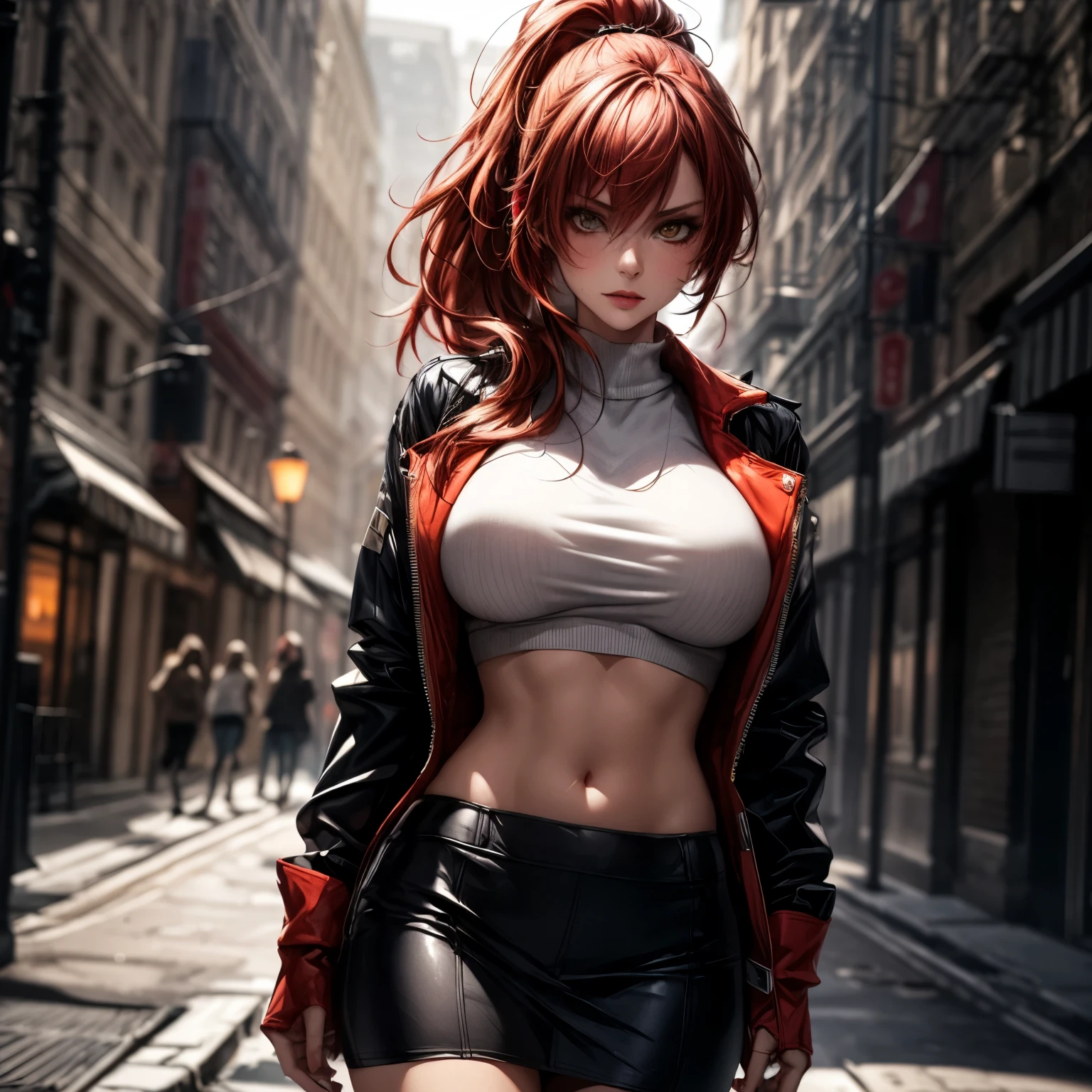 ameri, choker, (orange hair:1.4), (orange eyes:1.5), long hair, (large breasts:1.2), thicc thighs, curvy hips, tanlines,
BREAK, (large shorts:1.4), (sports top),
BREAK looking at viewer, night, (sweaty body), ((smirk)), (sweaty:1.3), (from below), (frontal view), side view,
BREAK (masterpiece:1.2), best quality, high resolution, unity 8k wallpaper, (illustration:0.8), (beautiful detailed eyes:1.6), extremely detailed face, perfect lighting, extremely detailed CG, (perfect anatomy), 