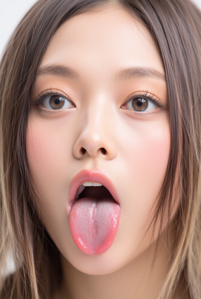 ,1 girl、Taylor Hill、1 girl、超High resolution, retina, Accurate, masterpiece, Anatomically correct, Super Detail, Textured skin, Attention to detail, high quality, High resolution, 8k、、Big double eyes、nose、The focus is on the mouth、close-up focus on face、Woman with open mouth and closed eyes、18-year-old、Black Hair、tongue out, tongue, Saliva trace,, Ahegao, long tongue, Verbal invitation, Pulling the hair back, Gray background,Half Backlight,
