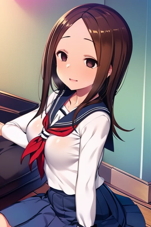 (close:1.3, (highest quality, masterpiece, Super detailedな),(8k wallpaper),(1 girl, , cute, gal), break,Having money in your hands,Looks wealthy (, serafuku:1.3), (cleavage:1.3) break, (Before going to bed), (invite, draw in:1.3), Perfectly trimmed fingers, break, (small breasts, (red eyes), are almost visible,cleavage,Hey profile,Sleepy face,no makeup,Super detailedな brilliant big eyes, Big pupils, (Super detailedな brown hair), medium long hair, parted bangs), break, ((intricate details)), Eye and face details, break, ((masterpiece, highest quality, Super detailed, detailed face, 8K))