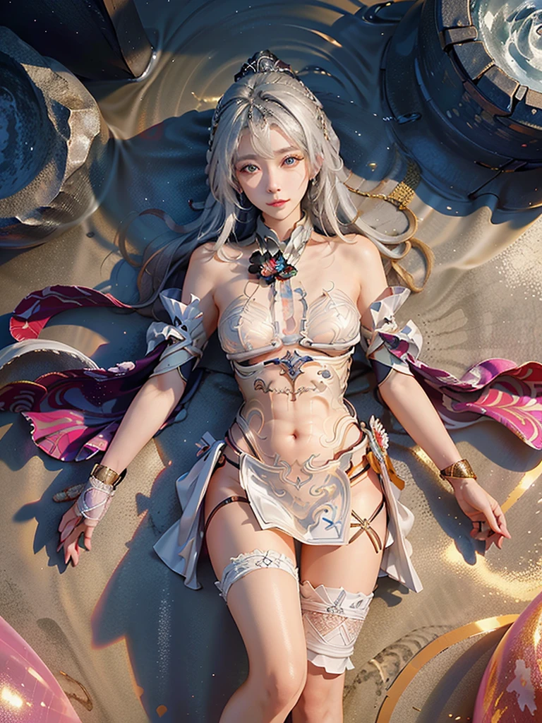 ((best qualtiy)),((Superior Quality, 8K, tmasterpiece: 1.5)), Pubic area is clear: 1.2, Perfect Body Beauty: 1.4, Breasts are big, Silvery hair,Red belly pocket，wetted skin,  squint smile，Sleeping on the bed，Legs open，legs are open，