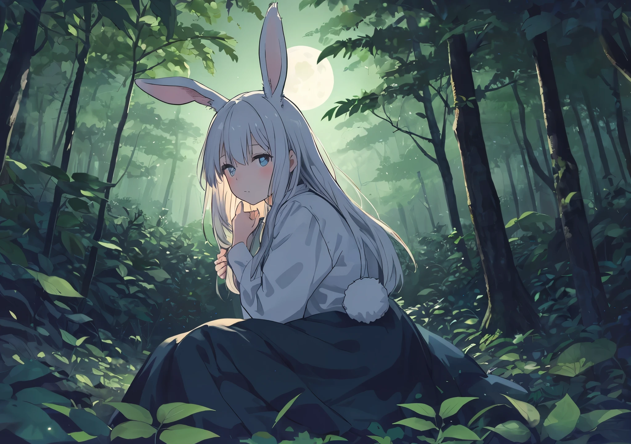 Girl with rabbit ears in the forest at night is about to sleep in a bed of leaves, and forest dew on a quiet night illuminated by moonlight falls on the leaves