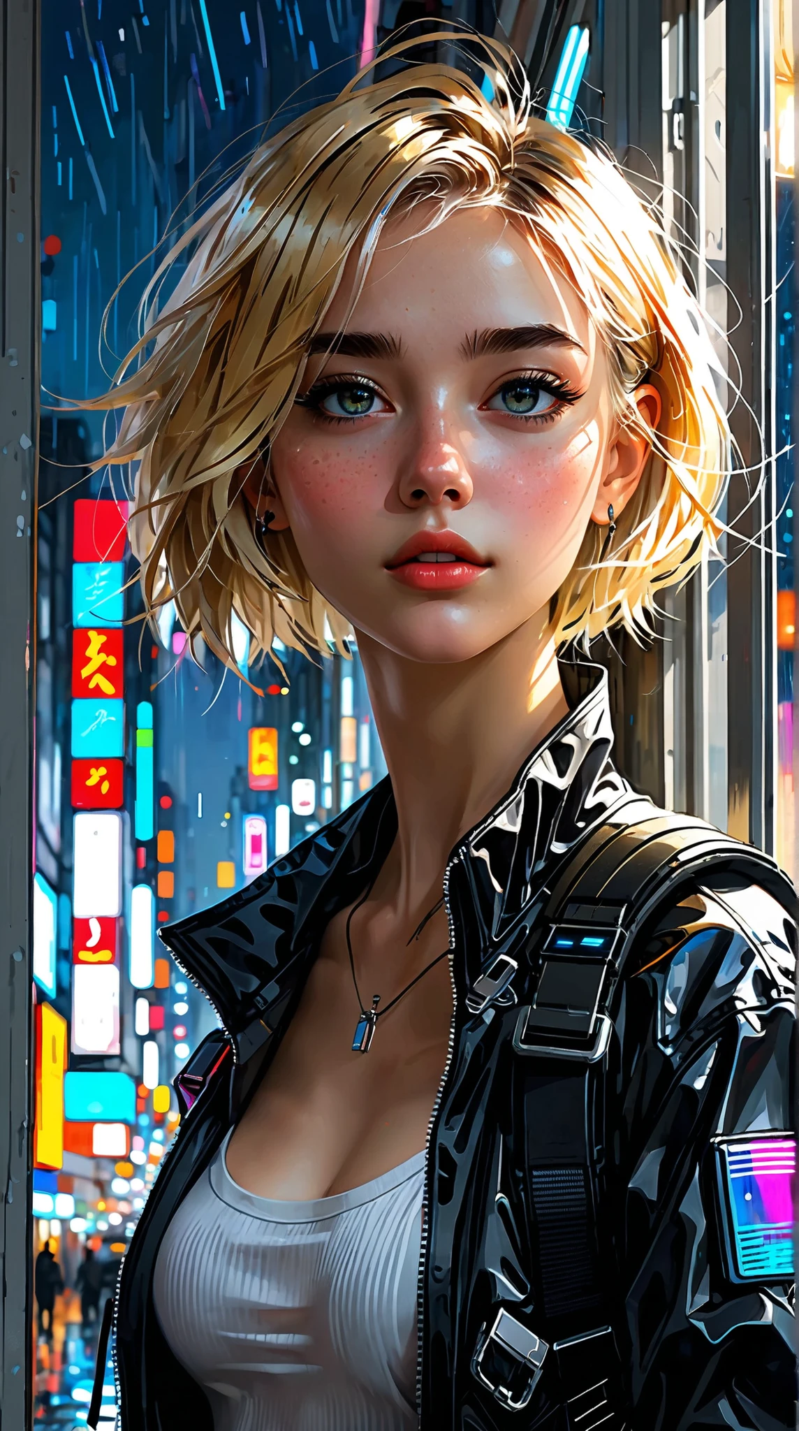 masterpiece, best quality, 4K, ultra high definition, Painting, beautiful eyes and detailed face, illustration for both eyes, Beautiful details in, high resolution illustration for both eyes, Shine_white_ particle, girl around her neck, blonde, Full body high definition image, hair over one eye, Short hair, facial details ,no expression, window shade , black jacket, Chest Rig, cyberpunk, Techwear,(Impressionism :1.4), The night view of Cyber City is in the background