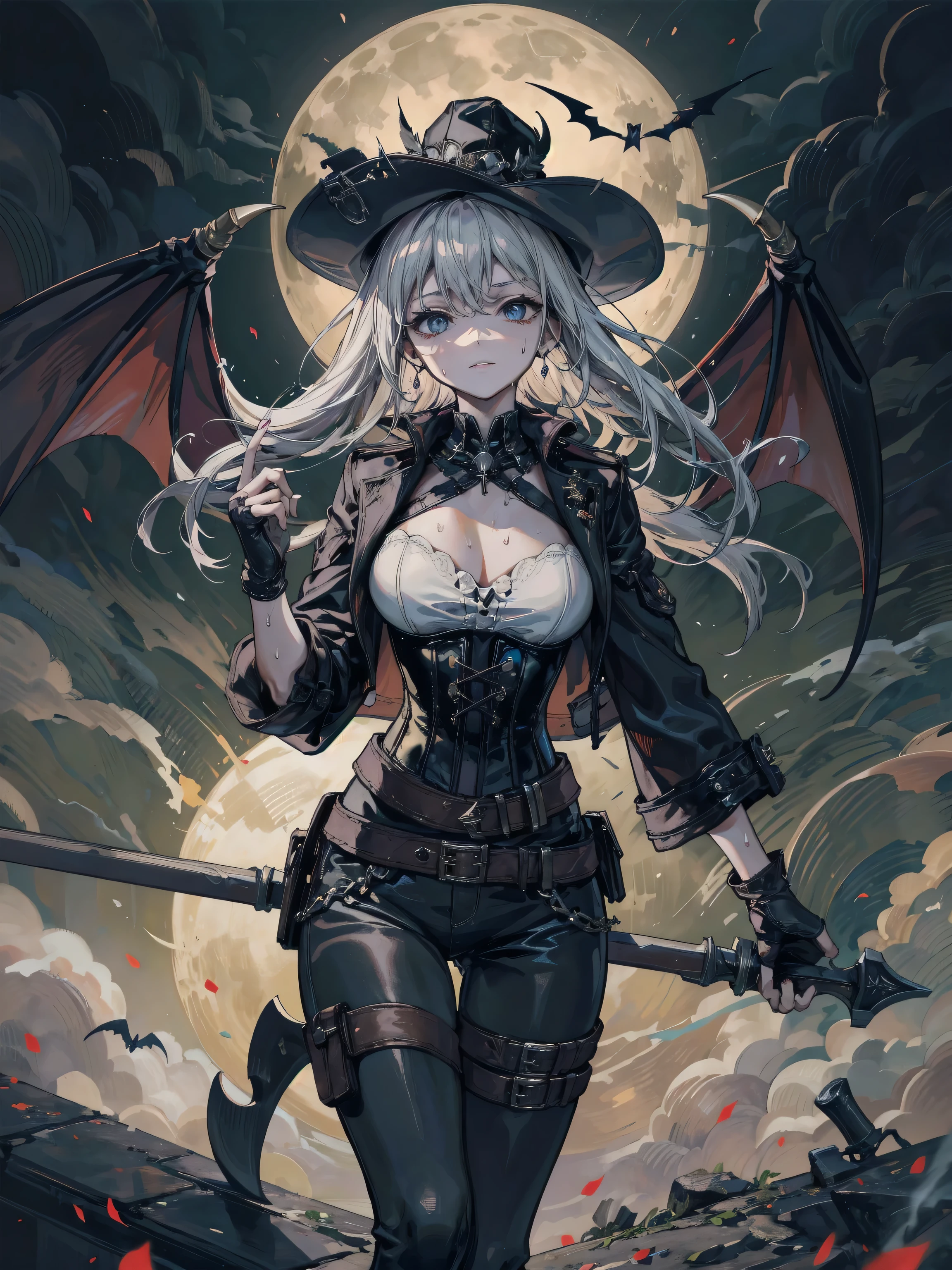 1girl, (steampunkai:1.1),(Tattered clothes:1.1),long white hair, (white stockings:1.1),white large witch hat,witch costume, (black wings),Ride broomstick, dark skin,