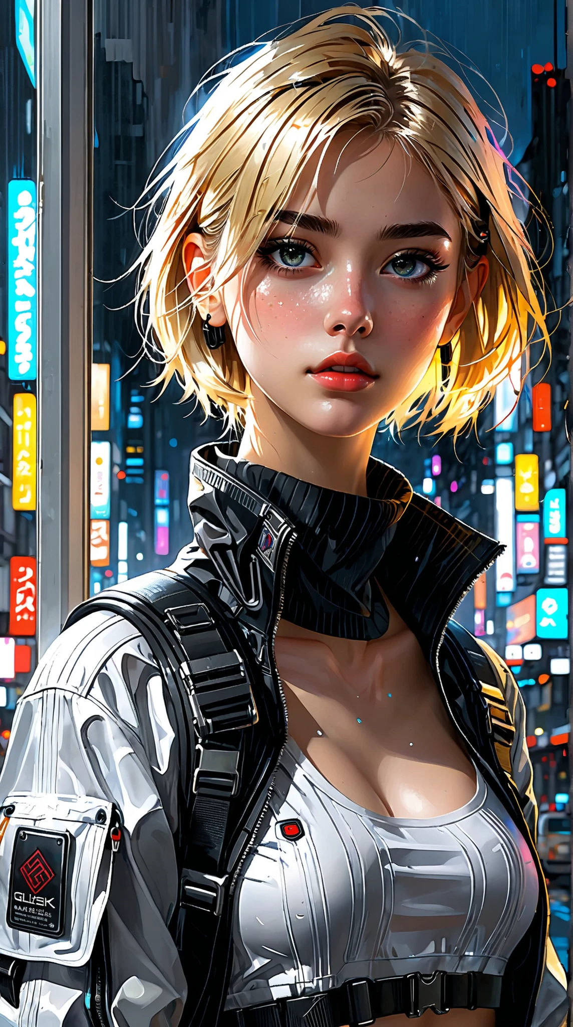 masterpiece, best quality, 4K, ultra high definition, Painting, beautiful eyes and detailed face, illustration for both eyes, Beautiful details in, high resolution illustration for both eyes, Shine_white_ particle, girl around her neck, blonde, Full body high definition image, hair over one eye, Short hair, facial details ,no expression, window shade , black jacket, Chest Rig, cyberpunk, Techwear,(Impressionism :1.4), The night view of Cyber City is in the background