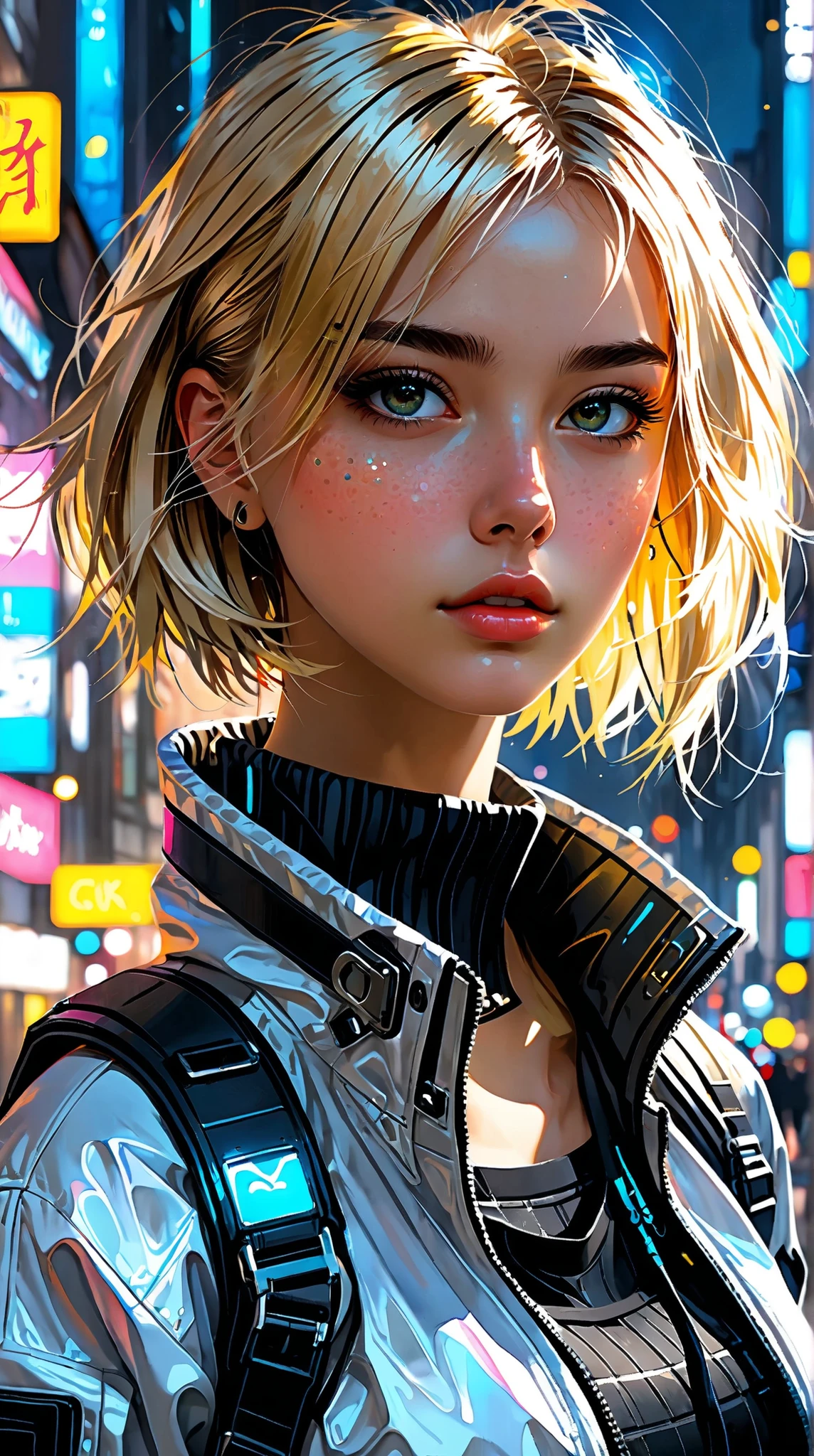 masterpiece, best quality, 4K, ultra high definition, Painting, beautiful eyes and detailed face, illustration for both eyes, Beautiful details in, high resolution illustration for both eyes, Shine_white_ particle, girl around her neck, blonde, Full body high definition image, hair over one eye, Short hair, facial details ,no expression, window shade , black jacket, Chest Rig, cyberpunk, Techwear,(Impressionism :1.4), The night view of Cyber City is in the background