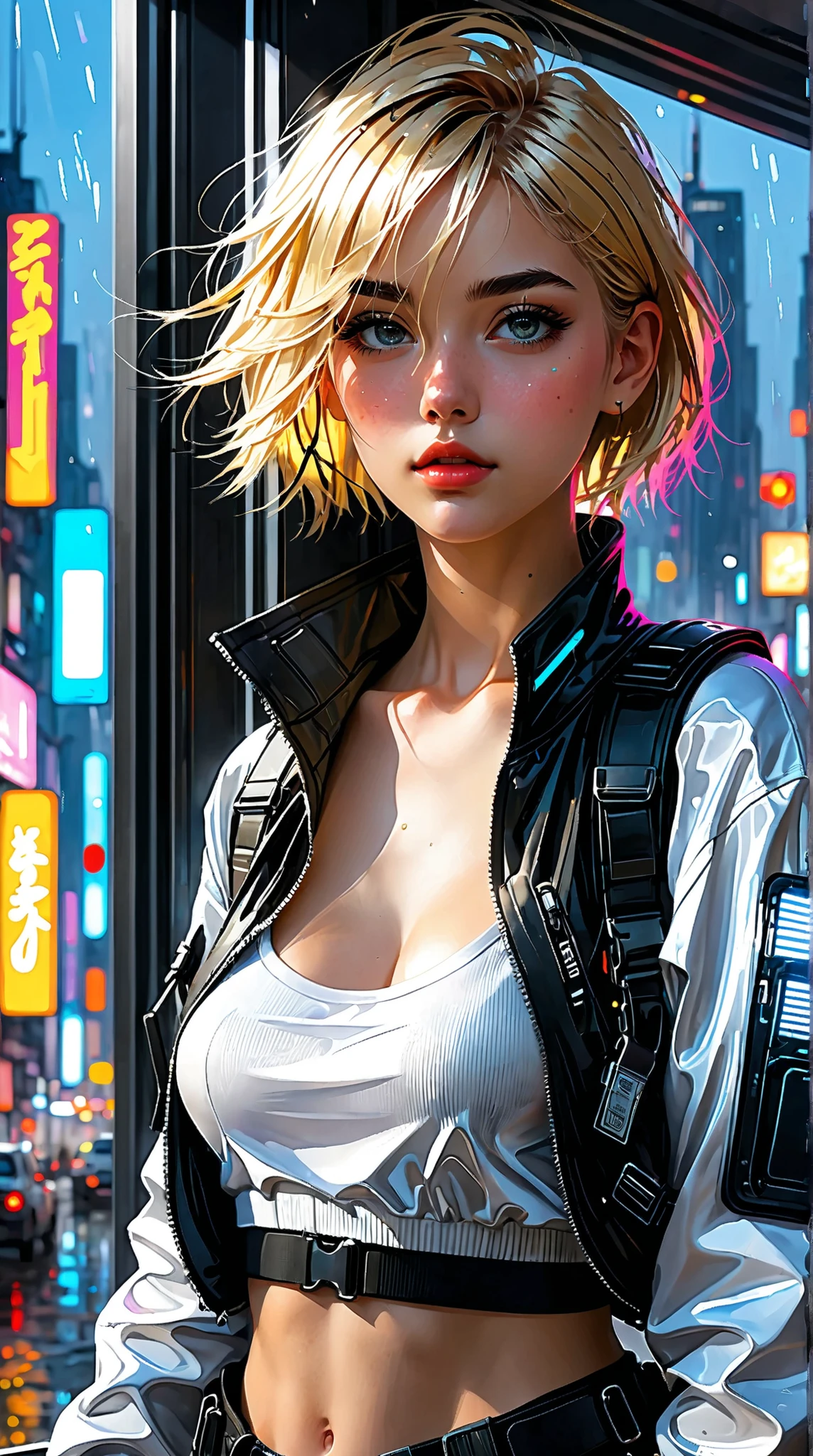 masterpiece, best quality, 4K, ultra high definition, Painting, beautiful eyes and detailed face, illustration for both eyes, Beautiful details in, high resolution illustration for both eyes, Shine_white_ particle, girl around her neck, blonde, Full body high definition image, hair over one eye, Short hair, facial details ,no expression, window shade , black jacket, Chest Rig, cyberpunk, Techwear,(Impressionism :1.4), The night view of Cyber City is in the background