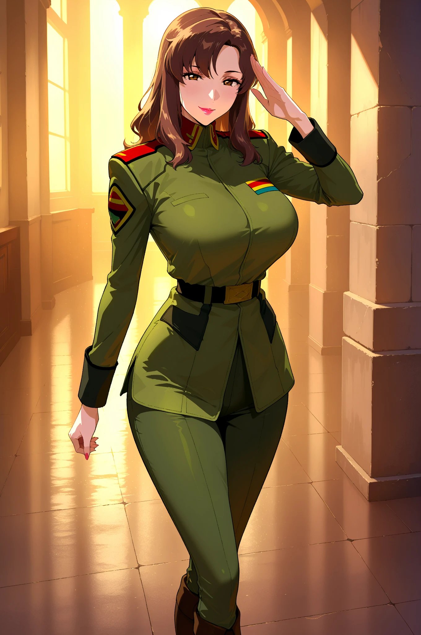 latin women,red long hair, glasses, dark green BLazer Officer Uniform, dark green Trousers, big breast, standing in a office