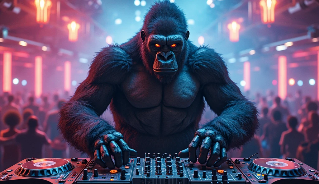 (nvinkpunk:1.2) (snthwve style:0.8) Gorilla dj, anthro, lightwave, sunset, intricate, highly detailed