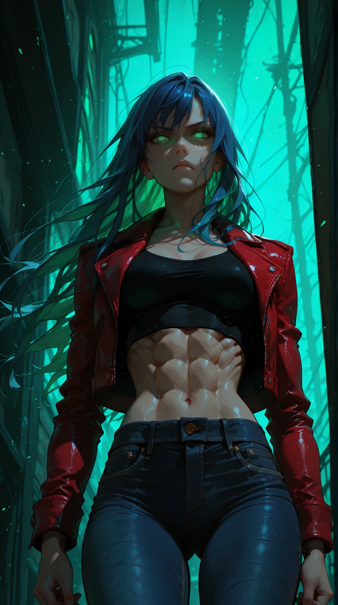 Score_9, score_8_up, score_8, score_7_up, (Alicia Vikander:Evangeline Lilly), green light, glowing eyes, pov below, wind,, masterpiece, best quality, 1girl, cool, serious, medium breasts, long hair, blue hair, red leather jacket, crop top, tight jeans, green eyes, abs