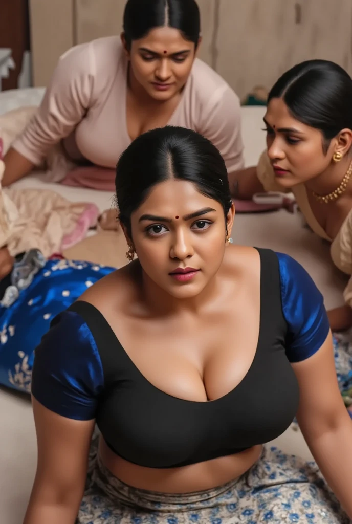 Day scene, full body photo of a plus sized 45 year old indian with a man from top view, (Masterpiece, Best Quality, High Resolution), office Background, (cum Splash on her breasts and nipples, cum Splash on her face, Splash of cum, cum Splash on her blouse, cum Splash on her eys), Sweet 25 year old South indian women sitting on her knees in a crowded party hall with a man, hour glass body red lips, silver colour silky gown, lightly makeup,ultra realistic, realistic, look at viewer (cinematic:1.3), intricate details,