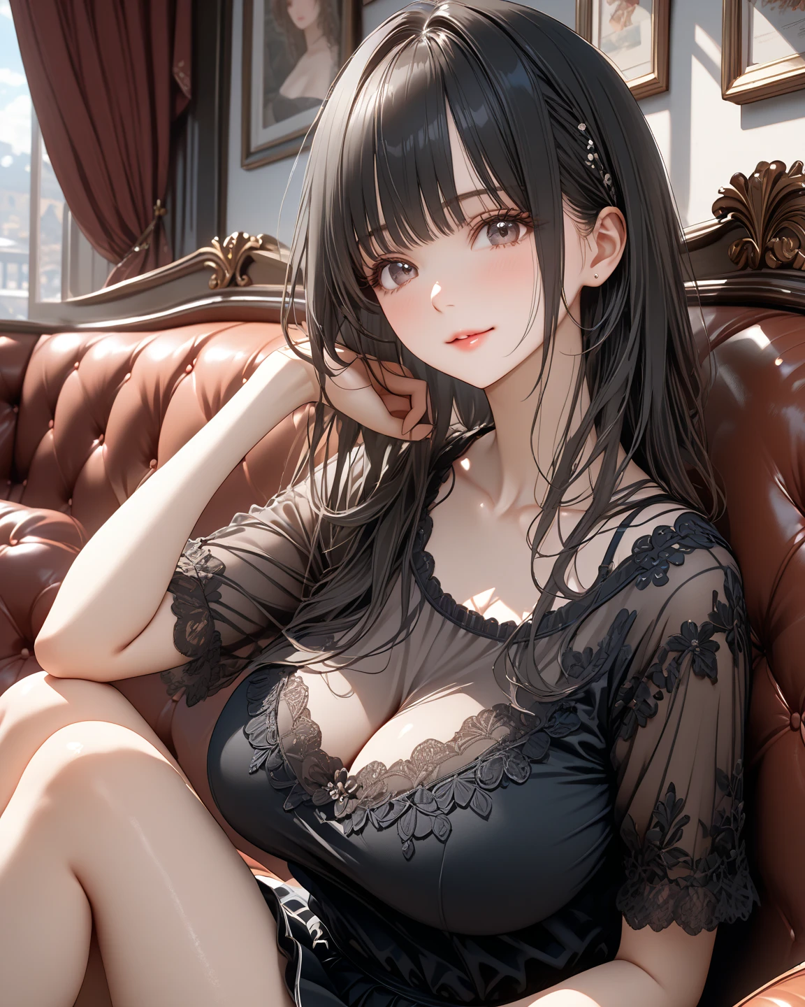 (top-quality,High resolution,(Ultra high definition,4K), (超A high resolution,in 8K),masutepiece:1.2), (Angle from below), (Perfect Anatomy,Anatomically accurate), (Soft lighting, 光线追踪), (((Open legs sitting on a sofa in the lobby of a luxury hotel))), ((Tifa Lockhart)), cute school girl), Black spats, (cute nightgown), Cute panties, (Crisp double eyelids), (fascinated expression),(Large breasts:1.3),(Soft skin), (Photorealistic), (Wheat colored skin), (colourful hair)