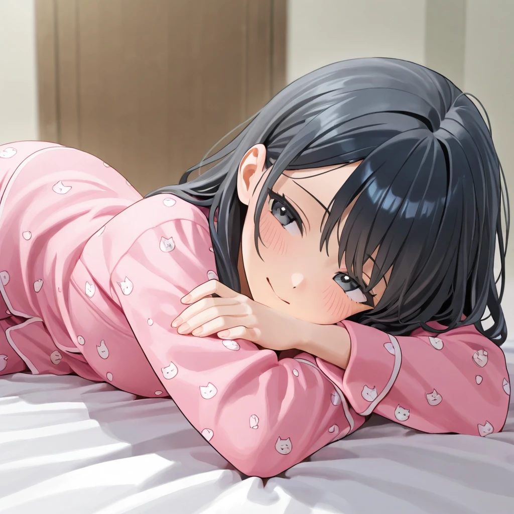 top-quality、Top image quality、masterpiece、Teenage girl((Black pajamas、18year old、 Ager、Best Bust、big bast,Black eyes, Black hair、A slender,Large valleys、Gal style、床futon beddingの上で仰向けになる、embarassed face、dye one's cheeks red、dishevled hair、Sleep state)),hiquality、Beautiful Art、Background with((Nice and clean room.、futon bedding、animal stuffed、pink walls))masterpiece、depth of fields,Cinematic style