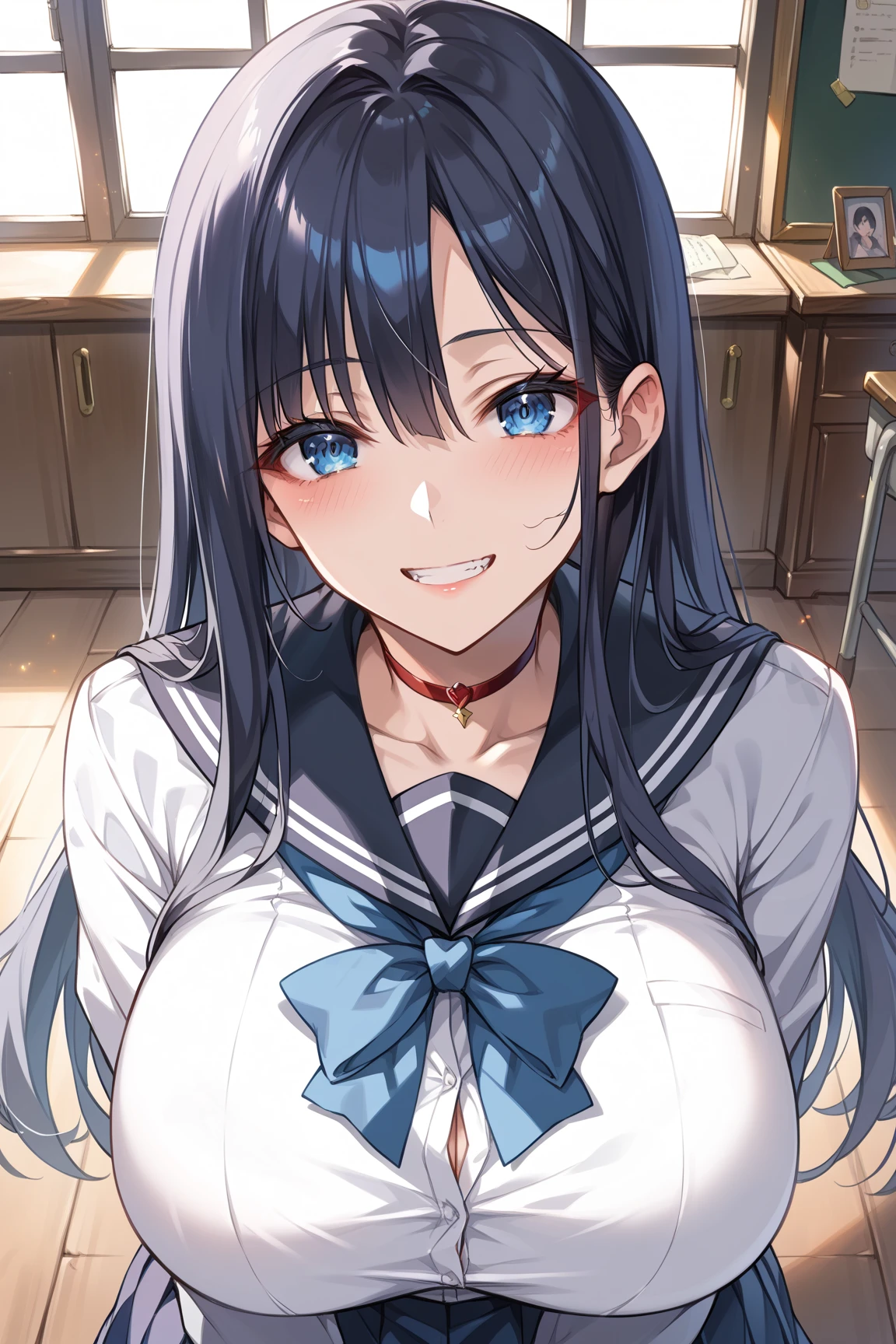 1girll, sitting down on the floor, Place your phone to your ear, Blowing hair, Long hair, blue color eyes,Shining eyes,Detailed eyes,Skirt, Solo, upper legs, Sailor school uniform, navel, Pleated skirt, midriff, Blue eyes, White shirt, Collar, Smile, Medium breasts, view the viewer, Open mouth,,Large breasts,