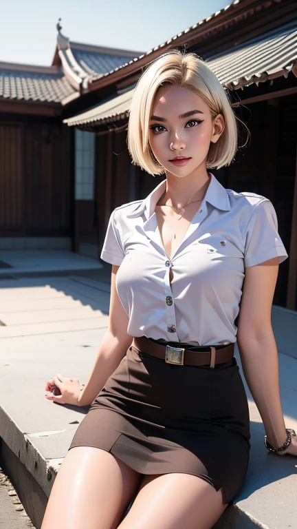 1 girl, masterpiece,bright, girl standing in class,full length, in office skirt, slender legs, short hair braided, blonde hair, Large thighs, big breasts, the skirt is lifted up and panties are visible, Beautiful face, tits out, hand on hip