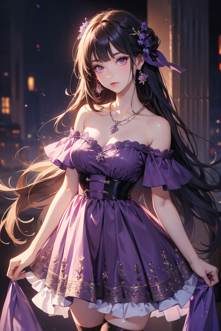 Off-the-shoulder dress, Highest quality, High resolution, 1 girl, Super High resolution, alone, stockings, Purple eyes, , Long Hair, bangs,necklace