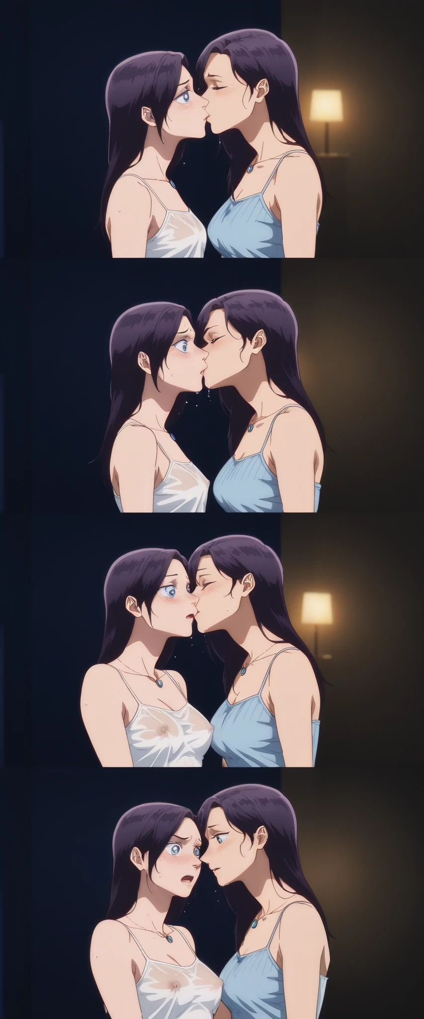 masterpiece, , absurdres, highres, detailed background, high resolution, masterpiece, necessary, detail, best quality, quality, necessary, details, High details, Precise, indoors, hotel room, ((from above)), midnight, darkness, night, blue hour, necklace,
2girls, agirl_and_bgirl ,detailed, anime screencap , anime coloring , official style , yuri sex , agirl ,mature ,black hair, suit style, ((deep kiss)), hand in another`s panties, light smile, (raping) , (aged up), Break ,
yuri sex,
Break, Bgirl ,,tall girl, mature, karen_moriya, long_hair, blue eyes, half eyes closed, dark purple hair, kiss, ((surprised ,wince, frown, furrowed brow, scowls, )), (show off nipple), (wet white camisole, see through) ,white lace panties, cameltoe, blush, (small breast), standing, (aged up:1.4),