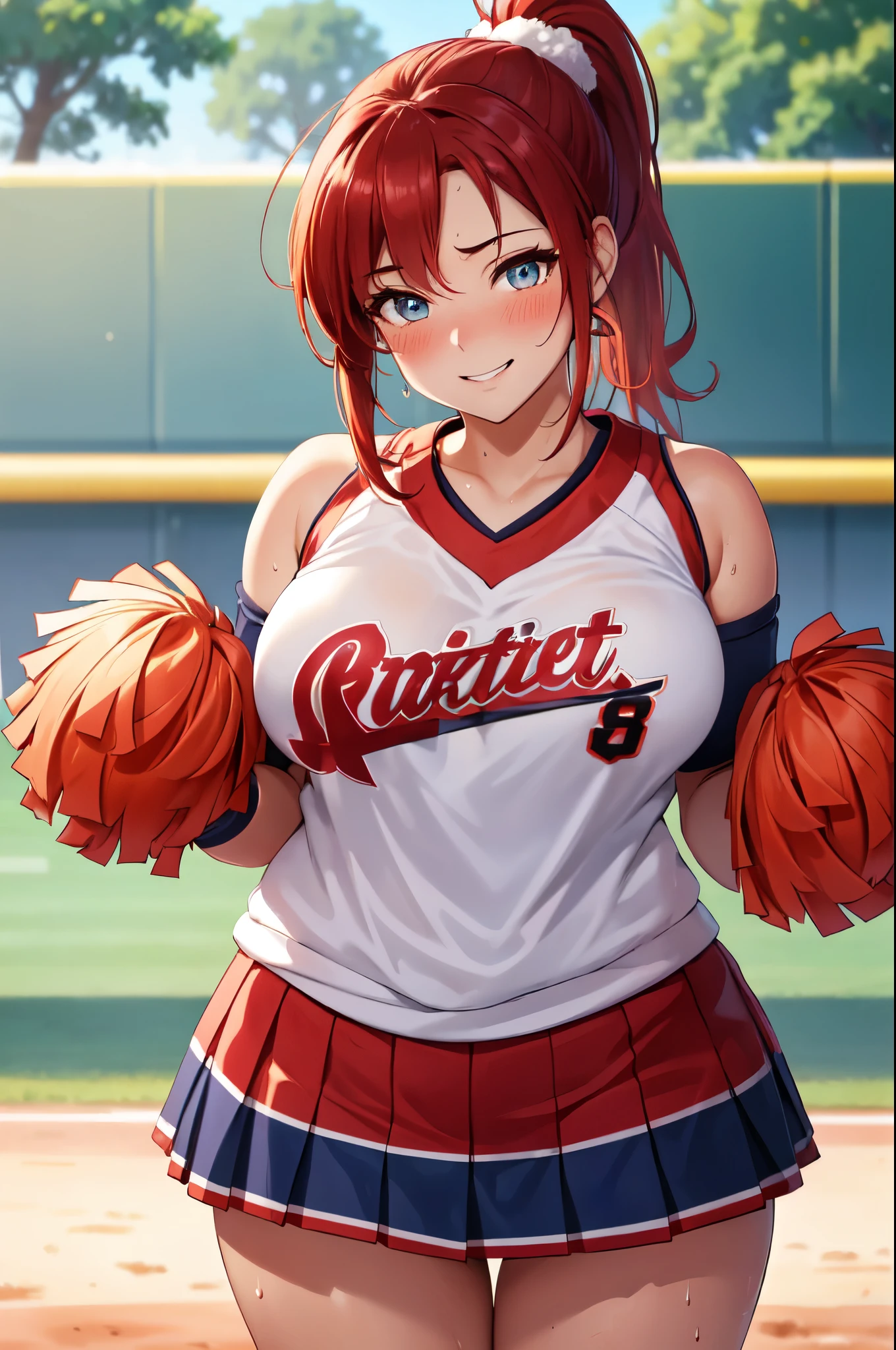 tall college woman(Long red hair; blue eyes; large breasts; pale skin; blushing); cheerleader; out in the practice field; POV; best quality; trending on artstation; complex volumetric lighting; strong shadows; artistic lighting; dynamic; energetic vibe; realistic skin; specular highlights; micro-textures; highly detailed hair; futuristic; dystopian