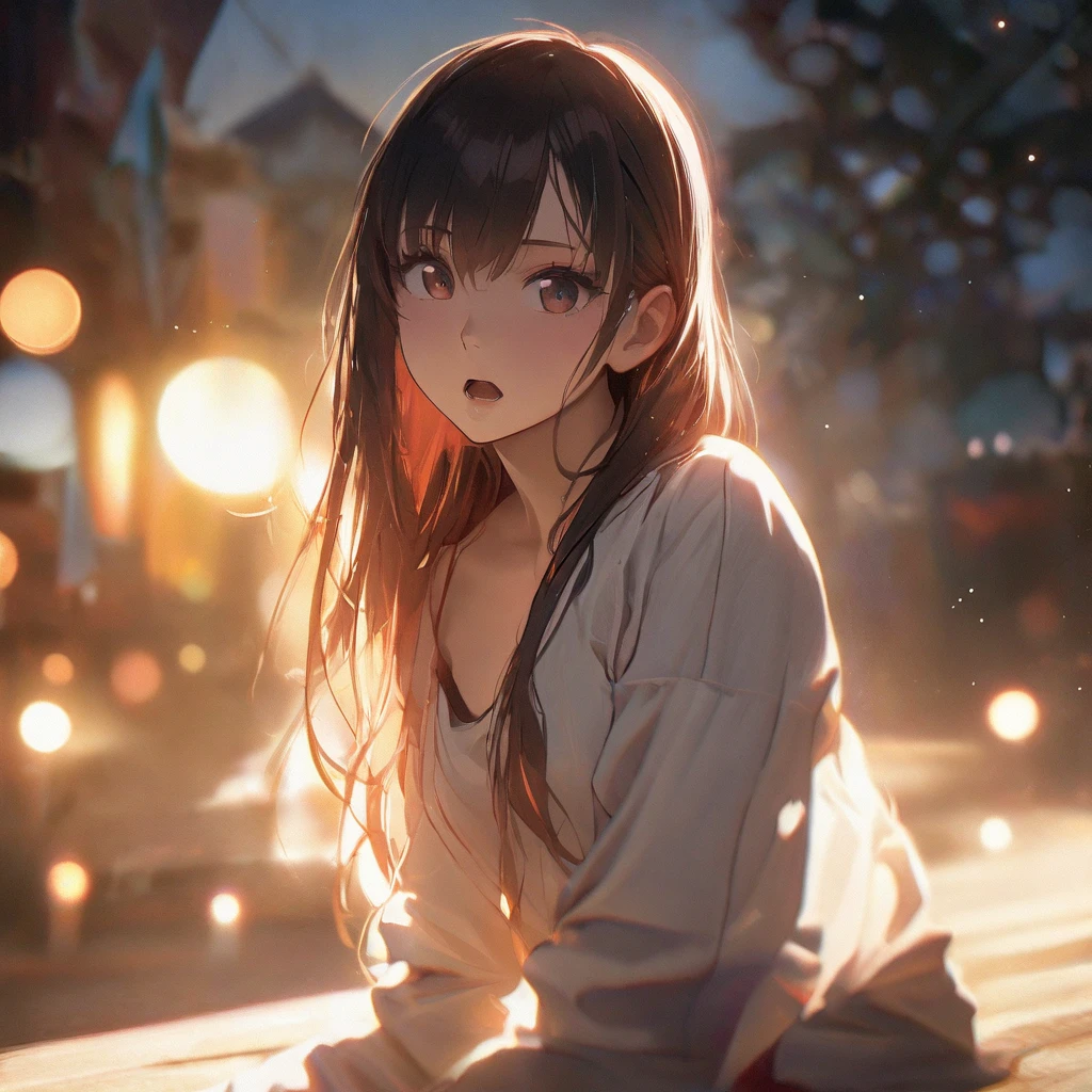 (((masterpiece,Highest quality:1.3,best quality illustration))),(realistic),after rape,cowboy shot,solo,1woman,(18-year-old、Japanese Beauty)、brown hair,long hair,bangs,brown eyes,gorgeous eyes,((very small head:1.3)),crying,Heavy breathing,((very long body:1.2,skinny)),medium breasts,(White camisole、Navy blue pleated mini skirt),Wet crotch、sweat,gleaming skin,toned body,slender body,(squatting),Sneakers、walk、Ruined town、at night、Tokyo、