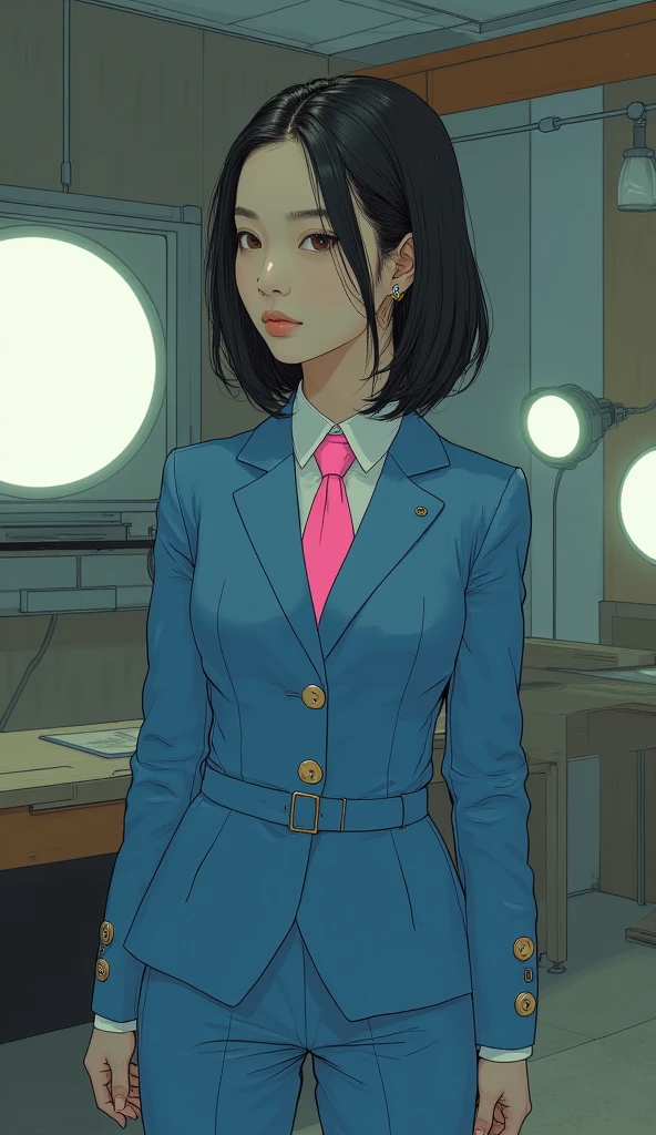 One adult woman with narrow eyes,career woman,Office Lady,pants suit,Jacket,ribbon,Tight skirt,pumps,lawyer,cool,gauze, Chanel,Forehead,Anatomically correct, accurate, masterpiece, Highest quality, Winner of numerous awards, Textured skin, retina, retina, Black Hair, Half-up hairstyle, solemn, Column Lineup,Cinematic light effects, Anime Style, Japanese illustration style, Half-up hairstyle, Very adult