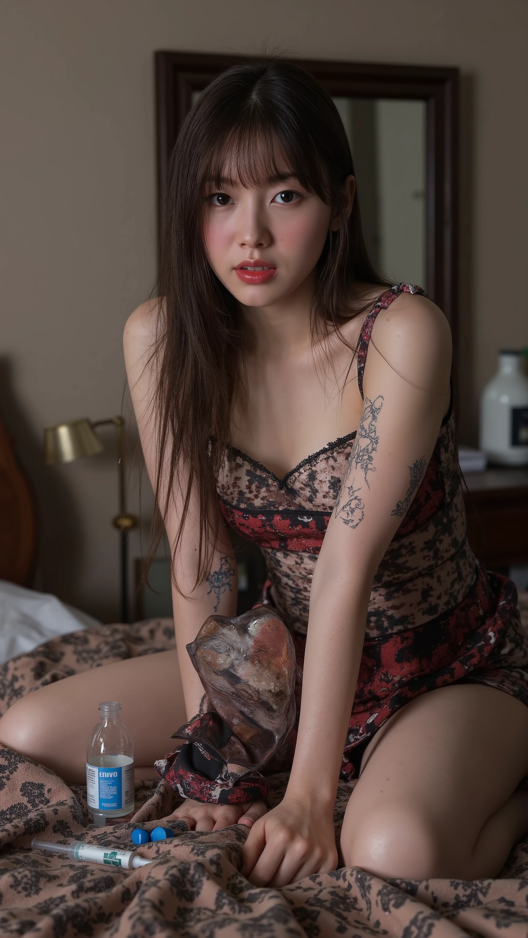 NSFW,
Full-body photo,
A beautiful prostitute doing sex work,
She was the youngest member of the former idol group "Oh My Girl",
Her name is "Arin",
She has fallen into cheap prostitution,
She is wearing a mini dress from her idol days, but it is worn out and dirty,
Her mini dress is worn out and torn in places and looks shabby,
She is very vulgar,
She has many STDs and has many ugly warts and rashes on her skin,
Her STDs are severe,
(She is a drug addict and has injection scars on her arms that have turned into warts),
Dark circles under the eyes,
Her clients are poor people such as beggars and vagrants,
She has sex with multiple male clients at the same time in a dirty room in a rundown hotel in the slums,
Dirty bed,
Dirty and cloudy mirror,
Mirror is chipped,
Cheap furniture,
Room is dimly lit,
There is a dirty syringe,
There are pills,