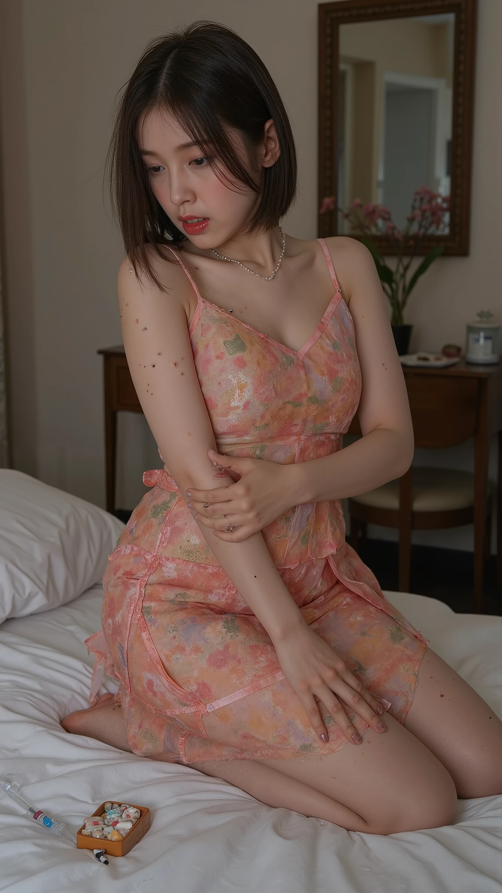 NSFW,
Full-body photo,
A beautiful prostitute doing sex work,
She was the youngest member of the former idol group "Oh My Girl",
Her name is "Arin",
She has fallen into cheap prostitution,
She is wearing a mini dress from her idol days, but it is worn out and dirty,
Her mini dress is worn out and torn in places and looks shabby,
She is very vulgar,
She has many STDs and has many ugly warts and rashes on her skin,
Her STDs are severe,
(She is a drug addict and has injection scars on her arms that have turned into warts),
Dark circles under the eyes,
Her clients are poor people such as beggars and vagrants,
She has sex with multiple male clients at the same time in a dirty room in a rundown hotel in the slums,
Dirty bed,
Dirty and cloudy mirror,
Mirror is chipped,
Cheap furniture,
Room is dimly lit,
There is a dirty syringe,
There are pills,