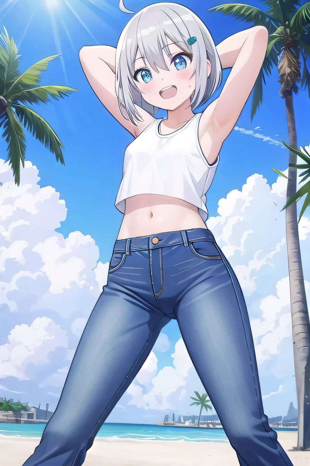 masterpiece,best quality,ultra detail, ((Perfect Face, Perfect Arms, Perfect hands, Perfect Fingers)), 1girl, , peti ((round face, ecstasy, orgasm face, drooping eyes, shame smiling, blush)), dropping eyes, sleepy, Open mouth, ((White teeth)), background((under the beach, (day:1.2), palm tree, bright sky)), miku hatsune, ahoge, aqua eyes, (silver hair:1.4), crossed bangs, hair between eyes, hair ornament, (bob cut:1.4), (straight hair:1.8), bridge, blue bridge, ((arms behind head, hands behind head, fingers behind head)), ((contrapposto)), spread armpits, looking at viewer,, (white tank top:1.7), (white crop top:1.7), (jeans pants:1.2, flares jeans:1.2, skinny jeans:1.2, blue jeans:1.2), standing, (legs spread:1.4), sex pose, Sweaty crotch, Steam from the crotch, from below, whole body