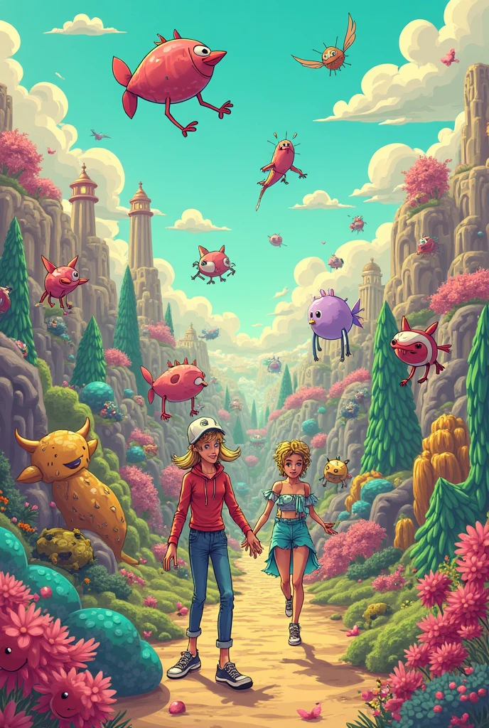 On the beach by the sea,The sky is full of tribute vegetables and hairy bellies,A couple is crying,The overall tone is pinkish-purple,Girl holding crayfish roses in her hand,The boy has a bunch of grapes next to his ear,There are mermaids and big sharks in the ocean,8k ultra high definition,high high quality,tmasterpiece