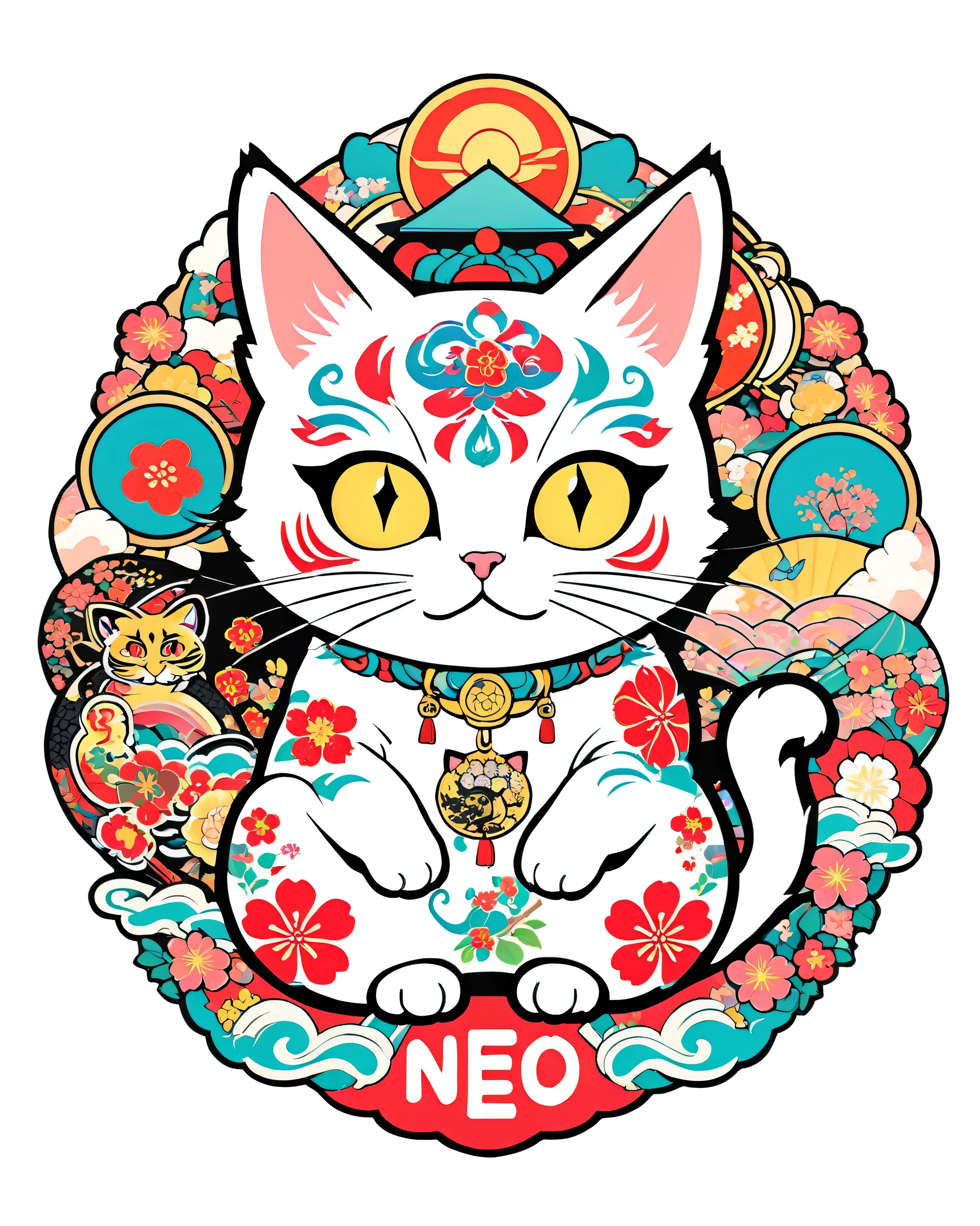 traditional Japanese tattoo design , Neo Japanese-style cat,   sticker art   ,  