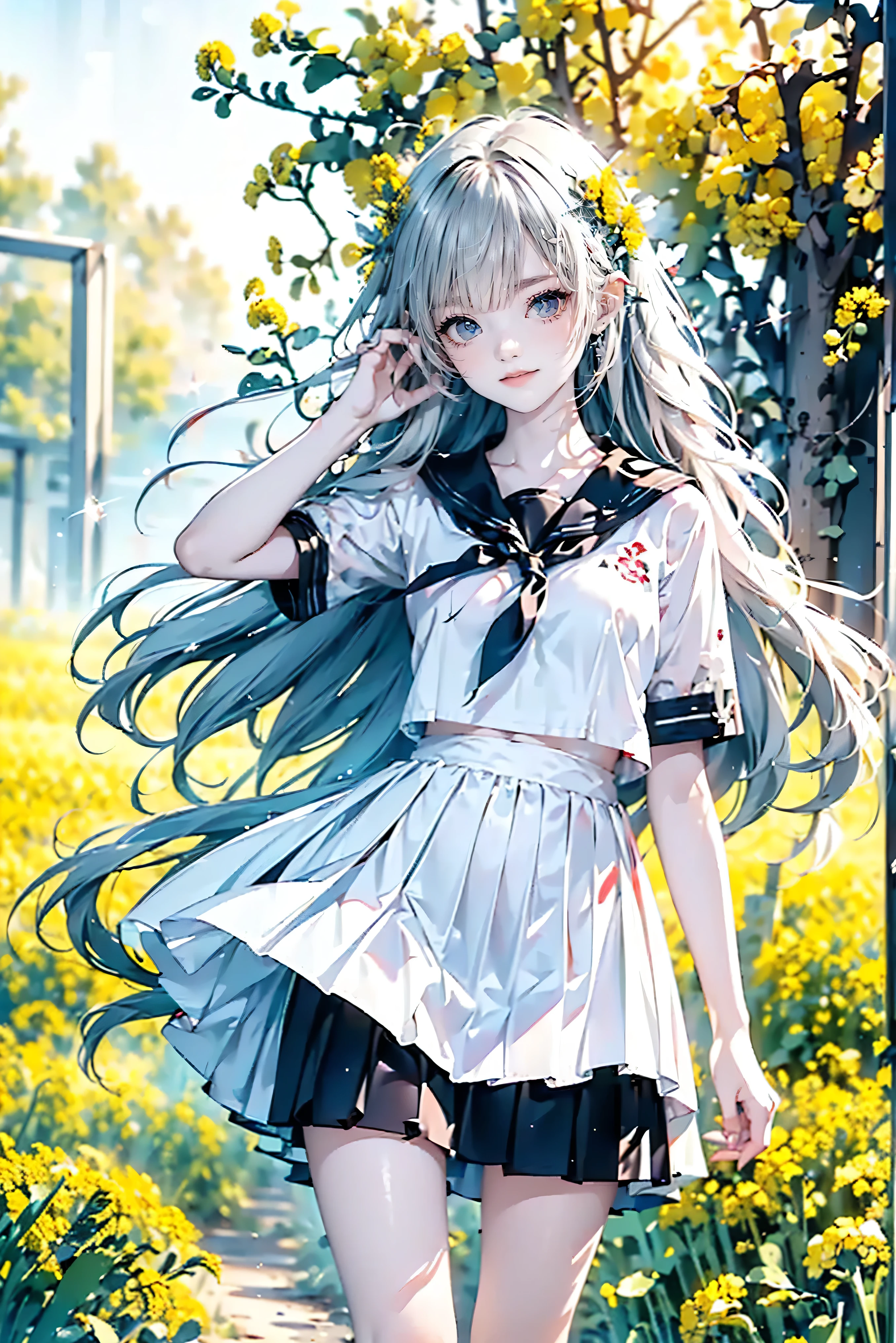 Highest quality, 8K, highest quality, ((High school girl with odd eyes)), ((Heterochromia, red eyes, green eyes)), ((Sparkling and delicate eyes)), ((Very precise eyes)), (Long hair a mix of platinum and purple)), princess cut, ((Translucent white skin)), Shiny skin, Very white skin, ((Very small breasts)), ((Anatomically correct depiction)), ((Detailed depiction down to the tips of the fingers)), ((Wearing a pure white short-sleeved sailor uniform)), Dark blue pleated skirt, Thighs in a miniskirt, ((Standing in a rapeseed field with her hands clasped behind her head)), ((Rapeseed field)), Smiling happily, Very beautiful.