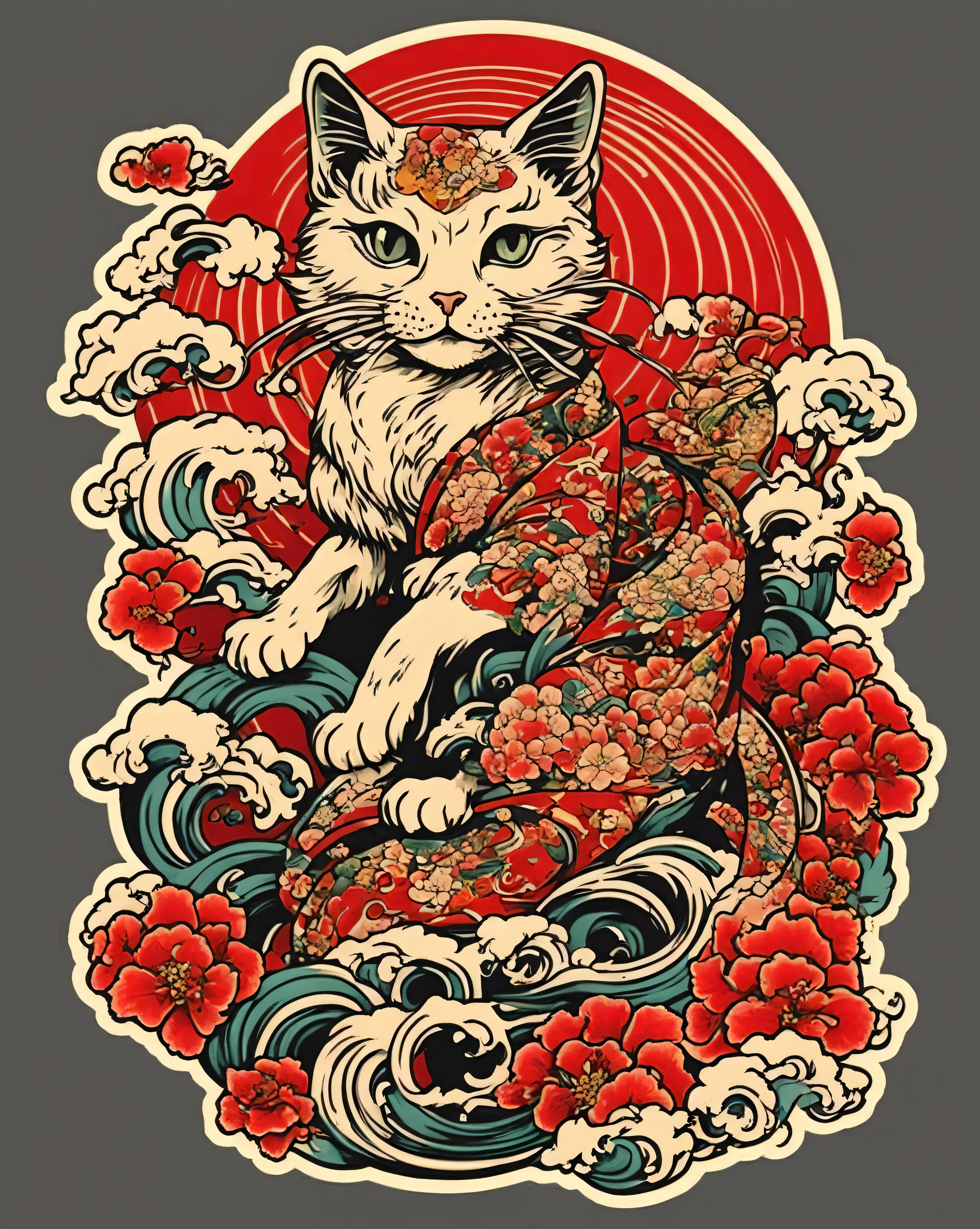 traditional Japanese tattoo design , Neo Japanese-style cat, sticker art ,