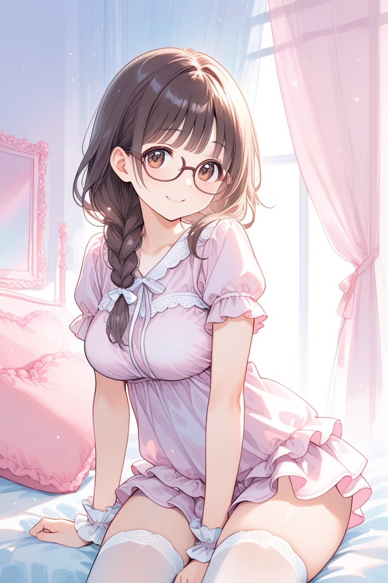 1girl,  solo, kuriyama_mirai, brown_hair, glasses, breasts, underwear, solo, panties, red-framed_eyewear, short_hair, (extremely detailed), breasts, detailed hair, best resolution, best quality, (standing), ((from below)), dress, looking at viewer, white lace panties, ((peach dress)), ((medium breasts)), clothing cutout, clothes lift, embarrassment, dress lift, cameltoe, sleeveless, from below, lifted by self, thighs, sleeveless dress, blush, cleavage cutout, cowboy shot, cleavage, bangs, bare shoulders, bare arms, covered navel, (close view on underwear from below), upshirt, from below, best resolution, best quality, (Masterpiece), extremely detailed face, Original Character, perfect lighting, best colors, colorful, beautiful, fine detail, ultra high resolution, Natural Volumetric Lighting And Best Shadows, Deep Depth Of Field, (Highest Quality, Amazing Details:1.4)
