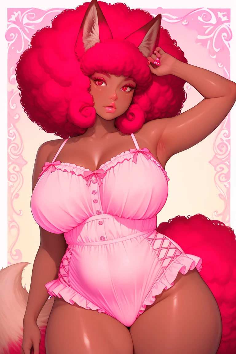 Afro-textured hair, sparkling eyes, dark skin, extreme long curly messed hair, cute jiggly fat round belly voluptuous body, heterochromia eyes, really curly hair, dark skin, round belly voluptuous body, frills, ribbons, floral embroidery, neon rainbow stockings and long gloves, cute neon rainbow panties with embroidery, choker, wearing a neon rainbow garter belt, ripped costume, masterpiece,