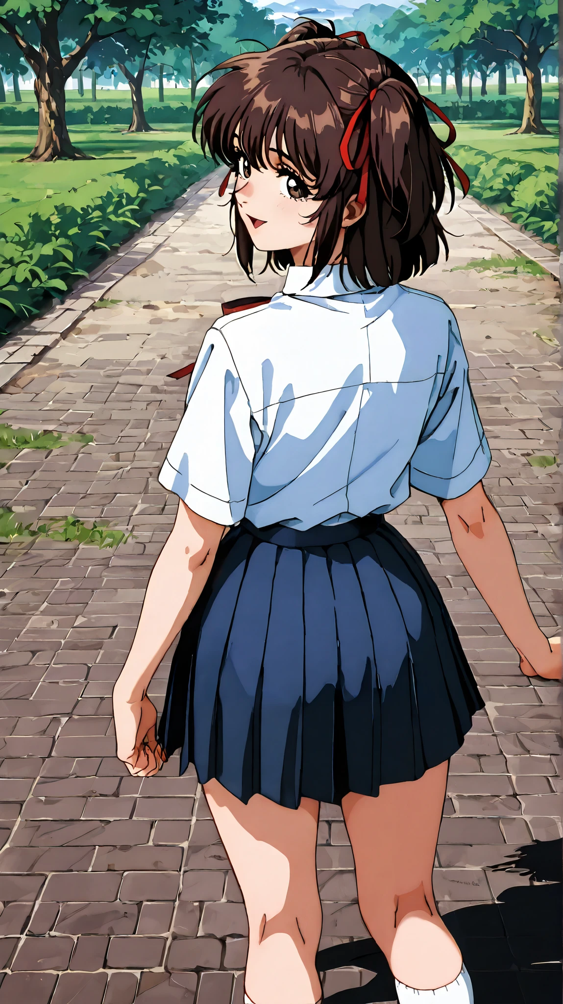 kayo,dark brown eyes,dark brown hair,two side hair,shoulder-length short hair,hair tied thin red ribbons,school uniform,white collared shirt,thin short red necktieribbon,navy blue short pleated skirt,white socks,loafers,tareme,downturned eyes,labiomental sulcus,nose shadow,lower lip shadow,masterpiece,best quality,amazing quality,ultra detailed, very aesthetic,highres, beautiful detailed hair, beautiful detailed eyes, beautiful detailed face,beautiful,super detailed skin, perfect anatomy,score_9, score_8_up, score_7_up, source_anime,retro art style,realistic,smile,joyful,tareme,open mouth,in the park,standing,whole body,back view,from side