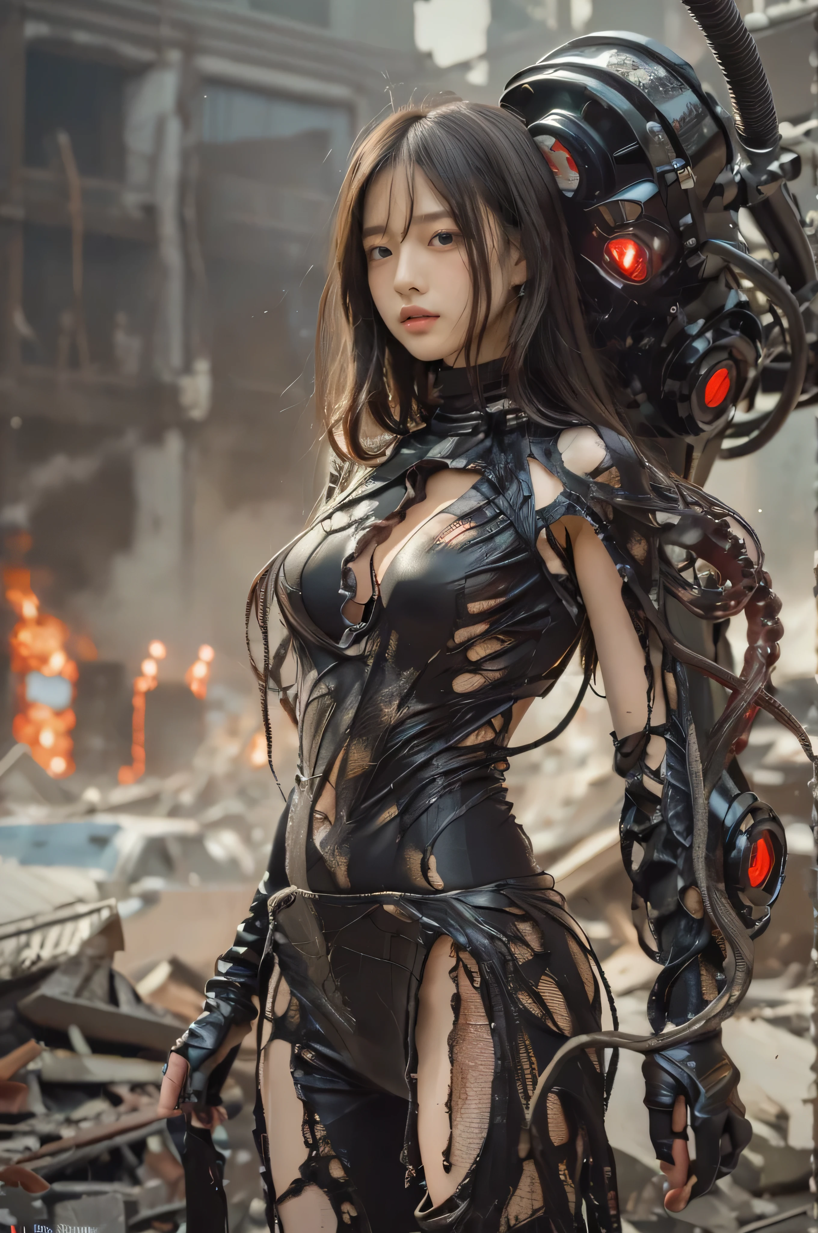 Top Quality, Masterpiece, Ultra High Resolution, ((Photorealistic: 1.4), Raw Photo, 1 cyberpunk Girl, Glossy Skin, 1 Mechanical Girl, (Ultra Realistic Detailechanical limbs, tubes connected to the mechanical parts, mechanical vertebrae attached to the spine, mechanical cervical attachment to the neck, wires and cables connecting to the head, Evangelion, Ghost in the Shell, small glowing LED lamps, global lighting, deep shadows, Octane Rendering, 8K, bloom effect, Ultra Sharp, Metal, Intricate Ornament Details, baroque details, Very intricate details, realistic light, CGSoation trend, facing the camera, neon details, (android manufactory in background), art by H.R. Giger and Alphonse Mucha.