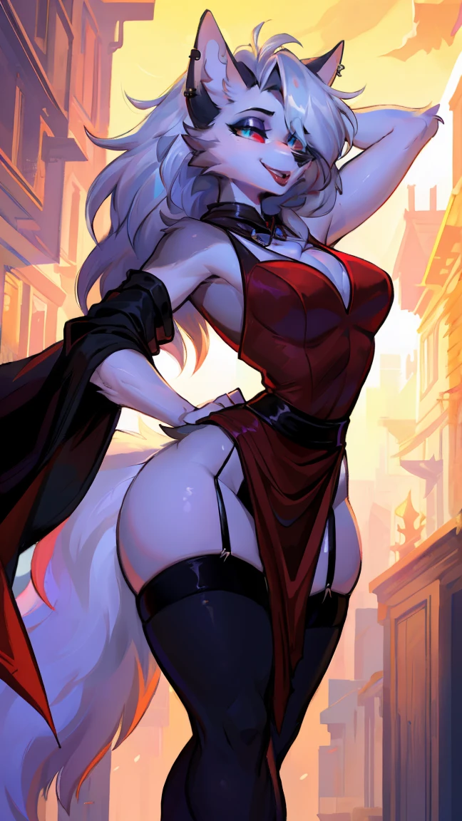 best quality, masterpiece, score_9, score_8_up, score_7_up, score_6_up, source_anime, BREAK, 1girl, (female goblin), colored skin, ((red skin)), long pointy ears, (shortstack:1.3), big breasts, long hair, white hair, bobcut, red eyes, oni horns, smug, pink maid outfit, sarashi, red details, (sakura tree), floating pink petals, wind, outdoors, solo, BEDROOM BACKGROUND