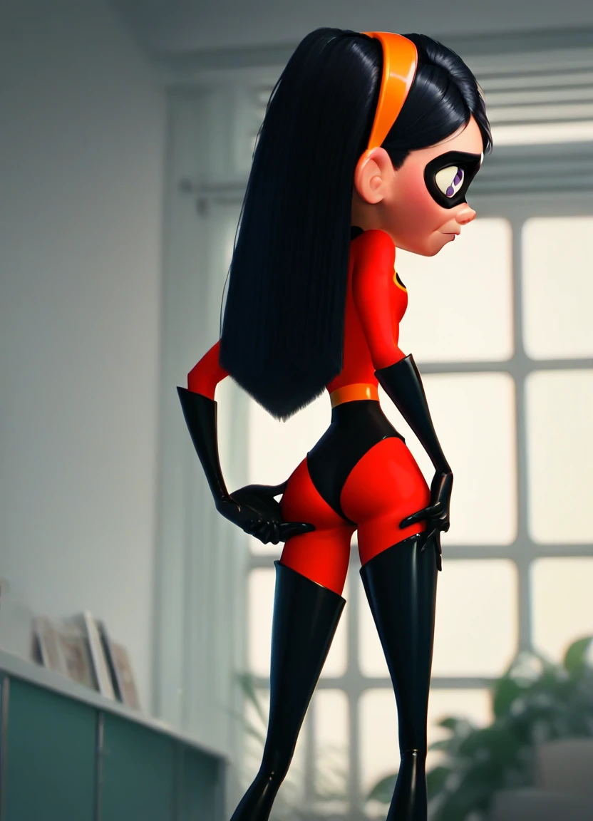 masterpiece,best quality, pixar, full body, 1girl, solo, VioletParr mask, red bodysuit, superhero, red headband,  looking at viewer, long black hair,  smile, shy,  sfw, back view, 