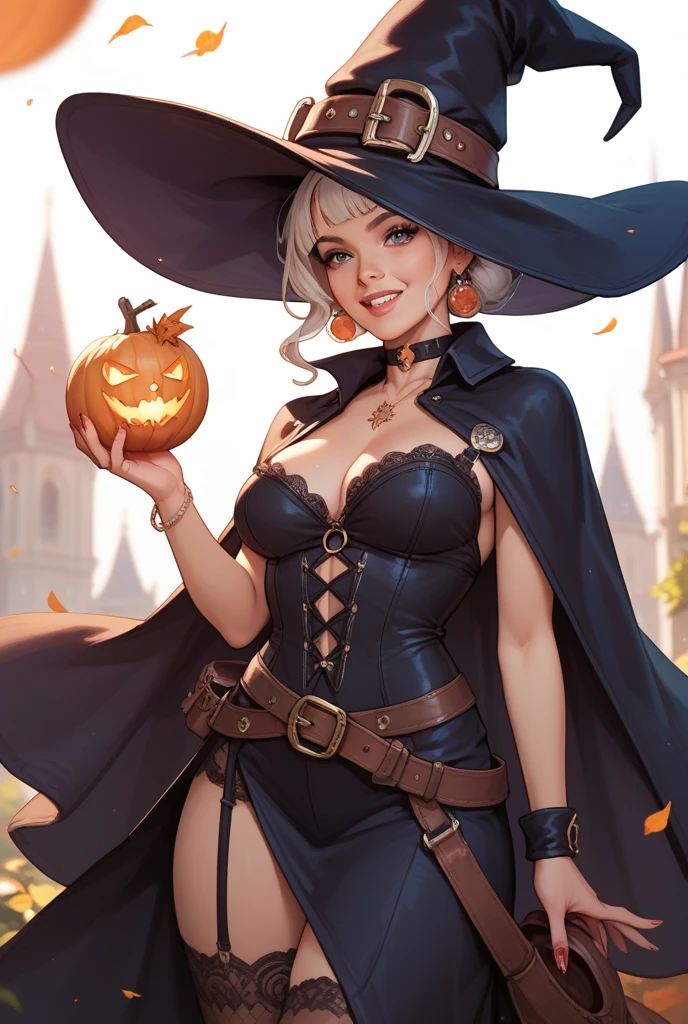 Pretty Caucasian (female), Sarah Shahi, a slim but muscular body, huge breasts, Pretty Caucasian (female), Sarah Shahi, a slim but muscular body, huge breasts, dark brown messy hair, blue eyes, 1girl,close up,moonlight,witch costume,gold neck jewelry,body tattoos,short hair,gown dress, pumpkin village,ceremonial cape,gothic corset,halloween forest,gold,amulets,glowing cauldron, gothic piercings and tattoos, white tribal top,green eyes,orange hair,shy smile,freckles,redhead,beautiful girl,large breasts,thigh high boots,ultra detailed,realistic,fantasy art,garter belt,holding a wand,black cat, beautiful exposed thighs, detailed exposed hips, detailed hands n fingers, detailed exposed large cleavage,