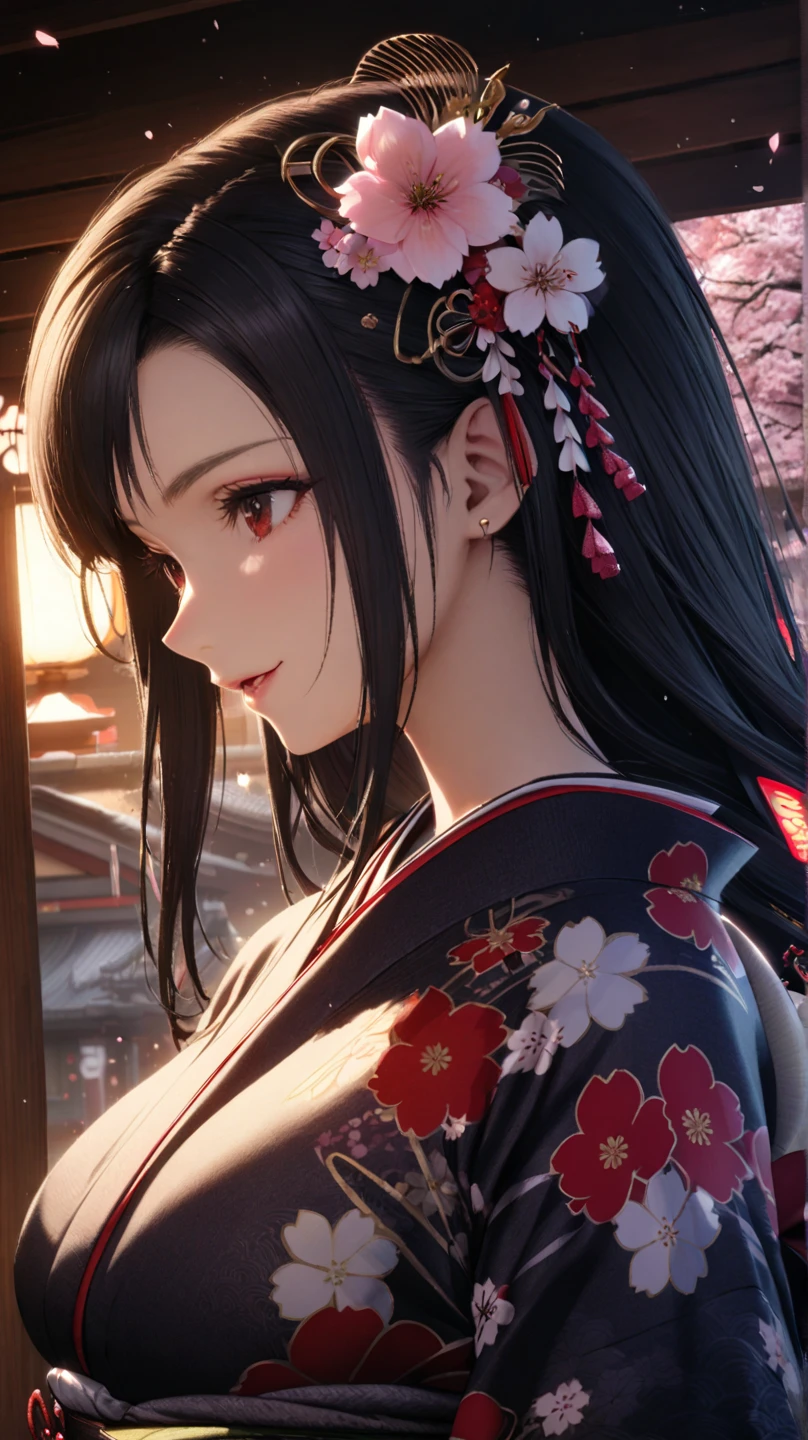 Highest quality, Super quality, 16K, Incredibly absurd, Very detailed, delicate and dynamic, SFW, Natural light, Fine particles reflect rainbow colors, Diffuse reflection of light, Vortex of Light, Many cherry blossom petals fall, Kyoto, Gion, night, Crescent Moon, Create amazing image effects, Upper body close-up, (, cute sexy girl, big busts, Sensual expression, peacefulness, Elegant, Charm, lure, geisha, hair ornaments, black long hair, Japanese traditional kimono, Tifa Lockhart Final Fantasy VII)