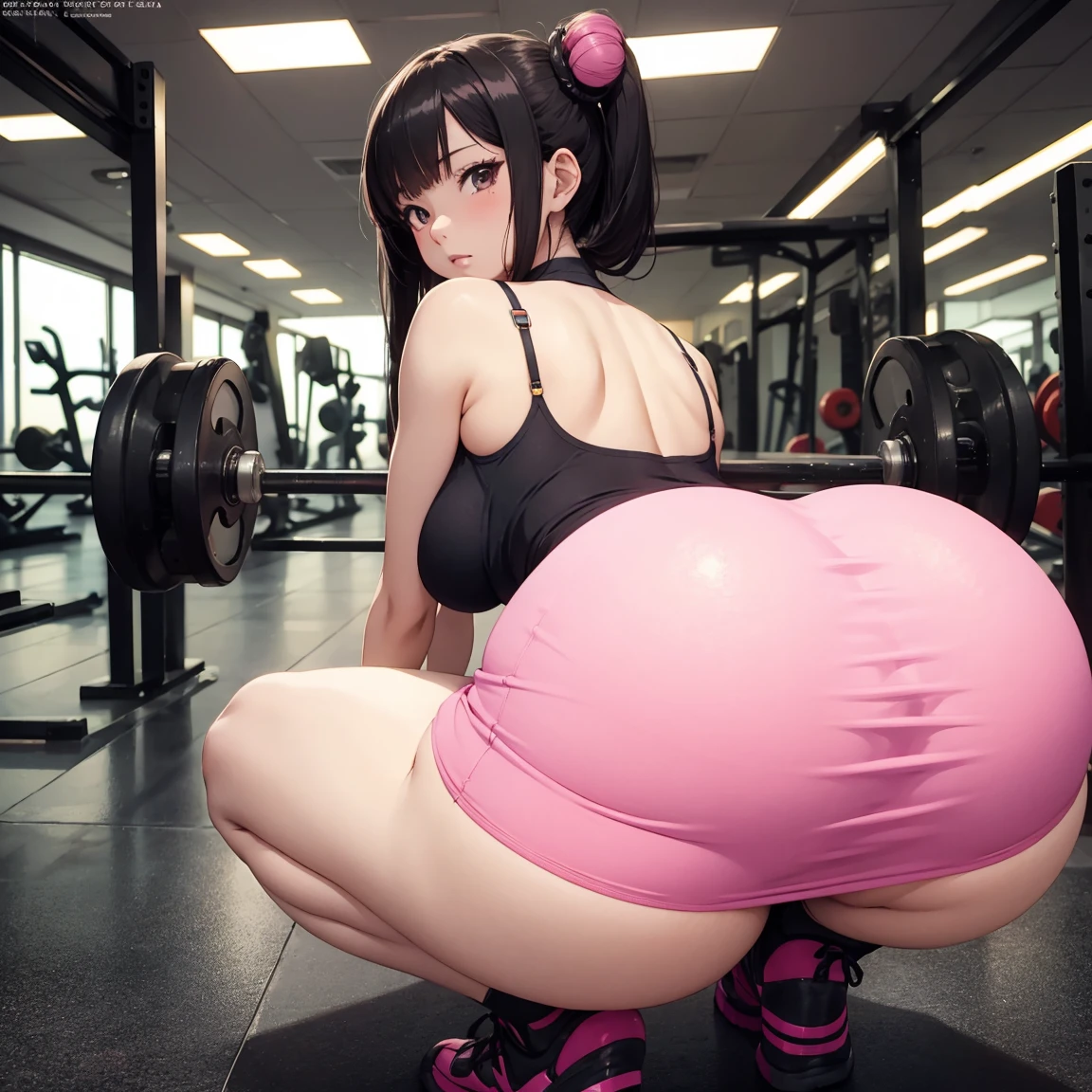 masterpiece, best quality, 1girl, (black hair, long hair, twintails:1.2) brown eyes, cute, gym, (tight gym shorts, tight gym tank top:1.4), (flat chest, slim waist, curvy, bottomheavy, gigantic thighs, wide hips:1.3)