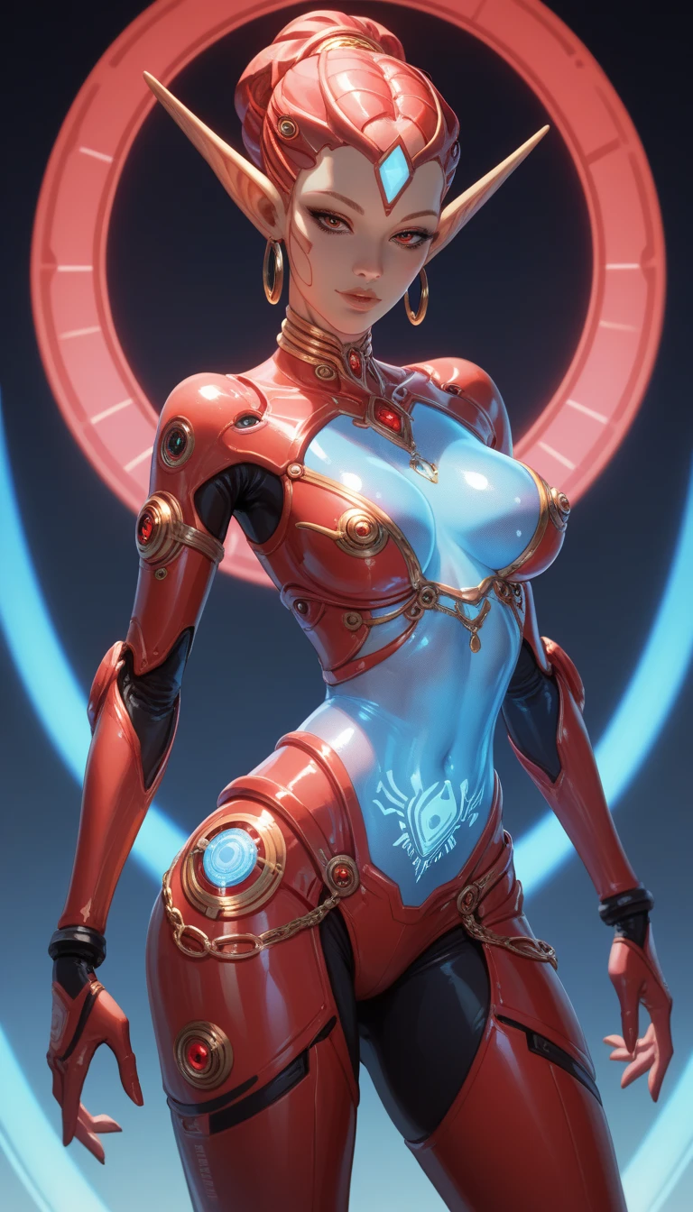 ((3d render:1.7)), 8k ((above view:1.3)), ((full body view))(large eyes:1.3), defined cheekbones, looking back, ((the pit style:1.4))((sleek dark red bodysuit:1.6)) ((intricate gold glowing lace details:1.6))detailed face:1.5), blue skin,(puffy lips:1.5) (blue skin:1.6), ((bald woman:1.7)), ((skinhead)), ((sexy pose)),(Muscular:1.5), ((gigantic breasts:1.5)), )highly detailed, Volumetric lighting, baroque oil painting by Greg Rutkowski, Artgerm, WLOP, dynamic angle,((intricate neon lines on bodysuit:1.3)), majestic, digital photography, best shadow, light particles, art by artgerm and ruan jia and greg rutkowski, ((gold shoulder pads:1.6)), (masterpiece), sidelighting, intricate details, (((red color palette))),(((on knees on top of pedestal)))