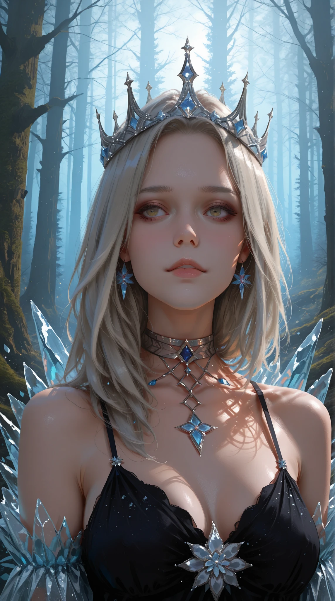 Score_9, score_8_up, score_8, score_7_up, (Gal Gadot) with platinum hair, in a dress of ice flowers, a beautiful crown on her head, detailed face, detailed skin, front, background frozen forest, cover, unzoom, choker, hyperdetailed painting, luminism, Bar lighting, complex, 4k resolution concept art portrait by Greg Rutkowski, Artgerm, WLOP, Alphonse Mucha, little fusion pojatti realistic goth, fractal isometrics details bioluminescens : a stunning realistic photograph 30 years