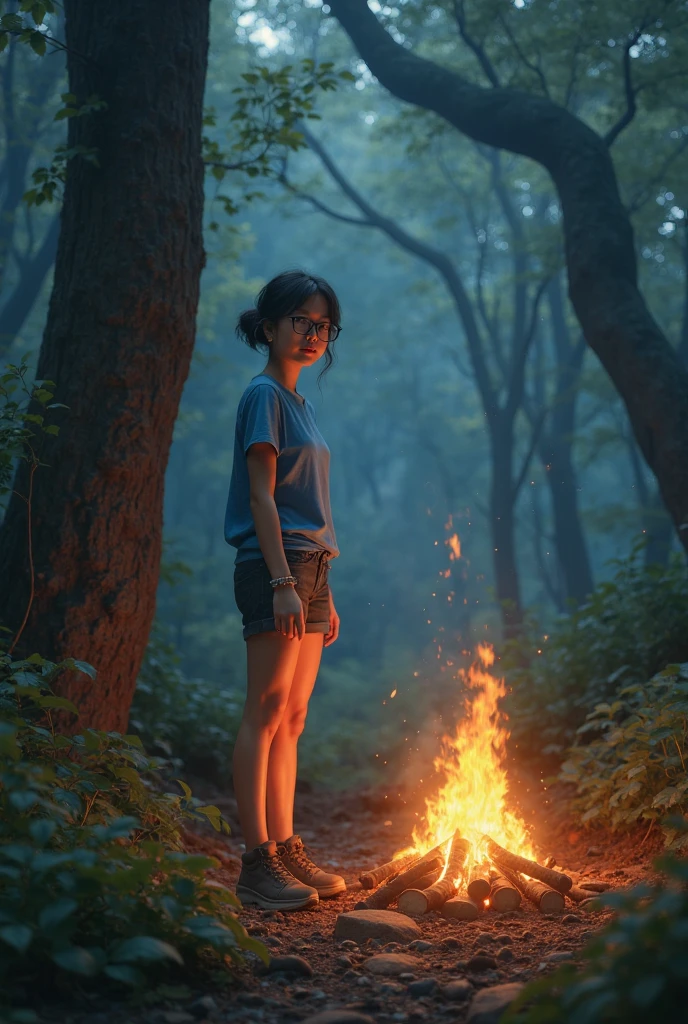 A full body, portrait of a American-looking women with short hair wearing boots. She is 170 cm tall and weighs 70 kg. she is wearing white tshirt, standing in a forest near her camp. she is an night camper. The background has night light, creating a magical forest and camp scene. The women is standing in the corner, creating a mystical forest atmosphere. . Her face is looking at the camera, and the portrait is taken from the side. The image should be realistic.
