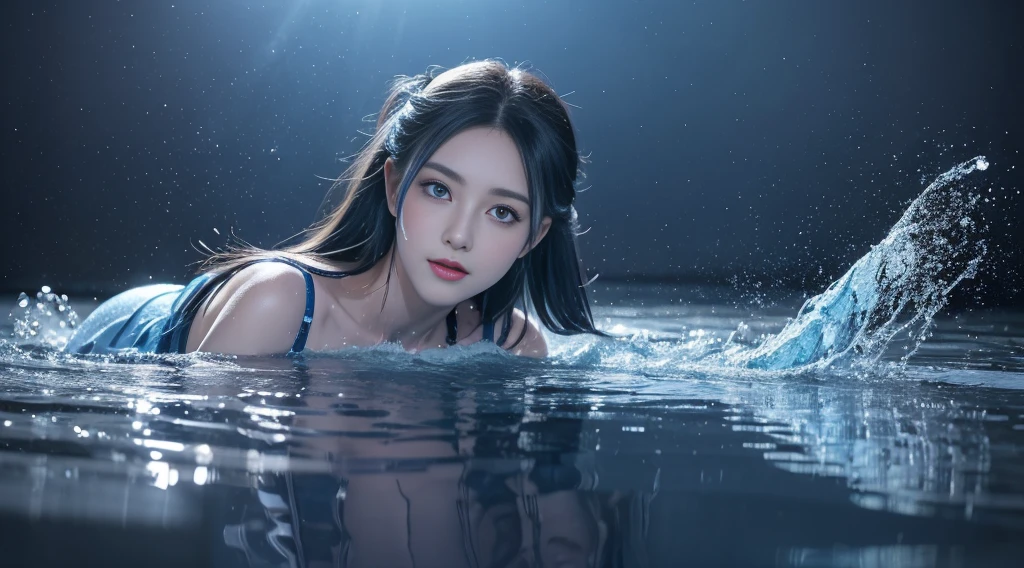 ((blue and navy color tone:1.3)) 1girl, solo,jellyfish filling up the ocean, millions of jellyfish, a girl swimming ((naked)) in the deep ocean surrounded by jellyfish, ((jellyfish)), deep black ocean,under the sea,(photorealistic:1.4), official art, unity 8k wallpaper, ultra detailed, beautiful and aesthetic, masterpiece,best quality, (dynamic angle:1.4), glowing skin, (floating colorful sparkles:1) the most beautiful form of chaos, elegant, a brutalist designed, vivid colours, romanticism, ultra wide angle